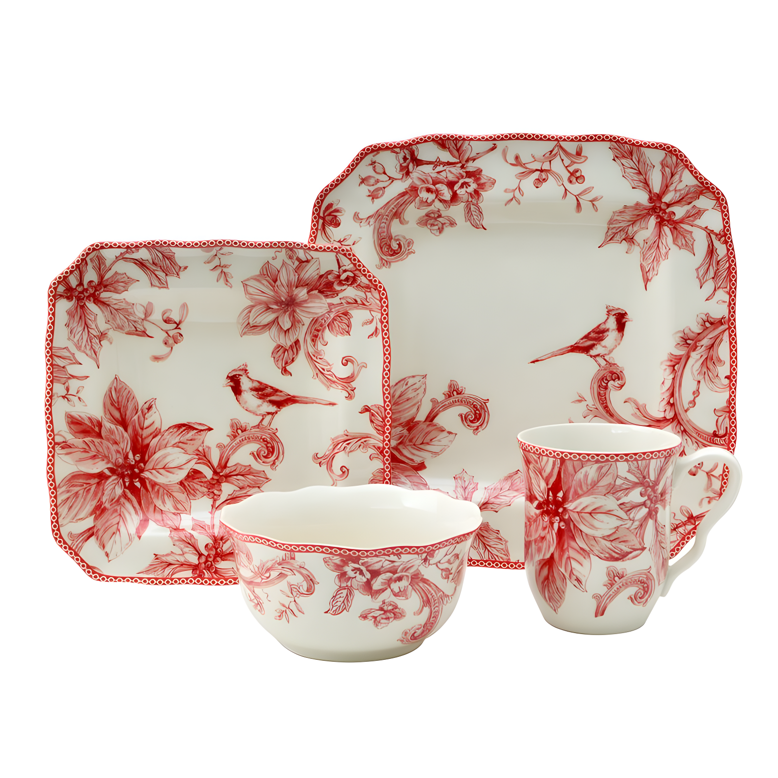 222 Fifth 222 Fifth Christmas Lane Red 16-Piece Porcelain Dinnerware Set - Service For 4, Plates, Bowls & Mugs