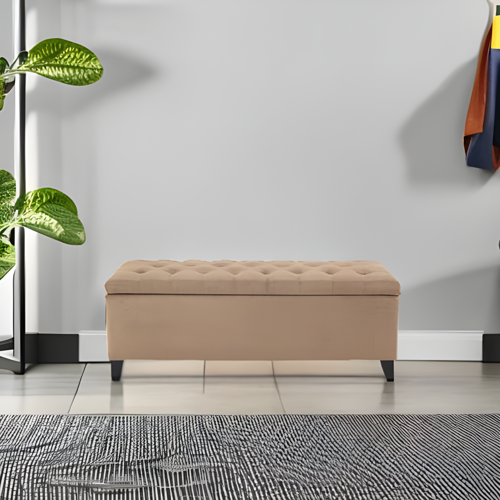 Shandra Bench Storage Ottoman with Tufted Top - Sand: Upholstered Bedroom Ottoman, Wood Legs, No Assembly Required