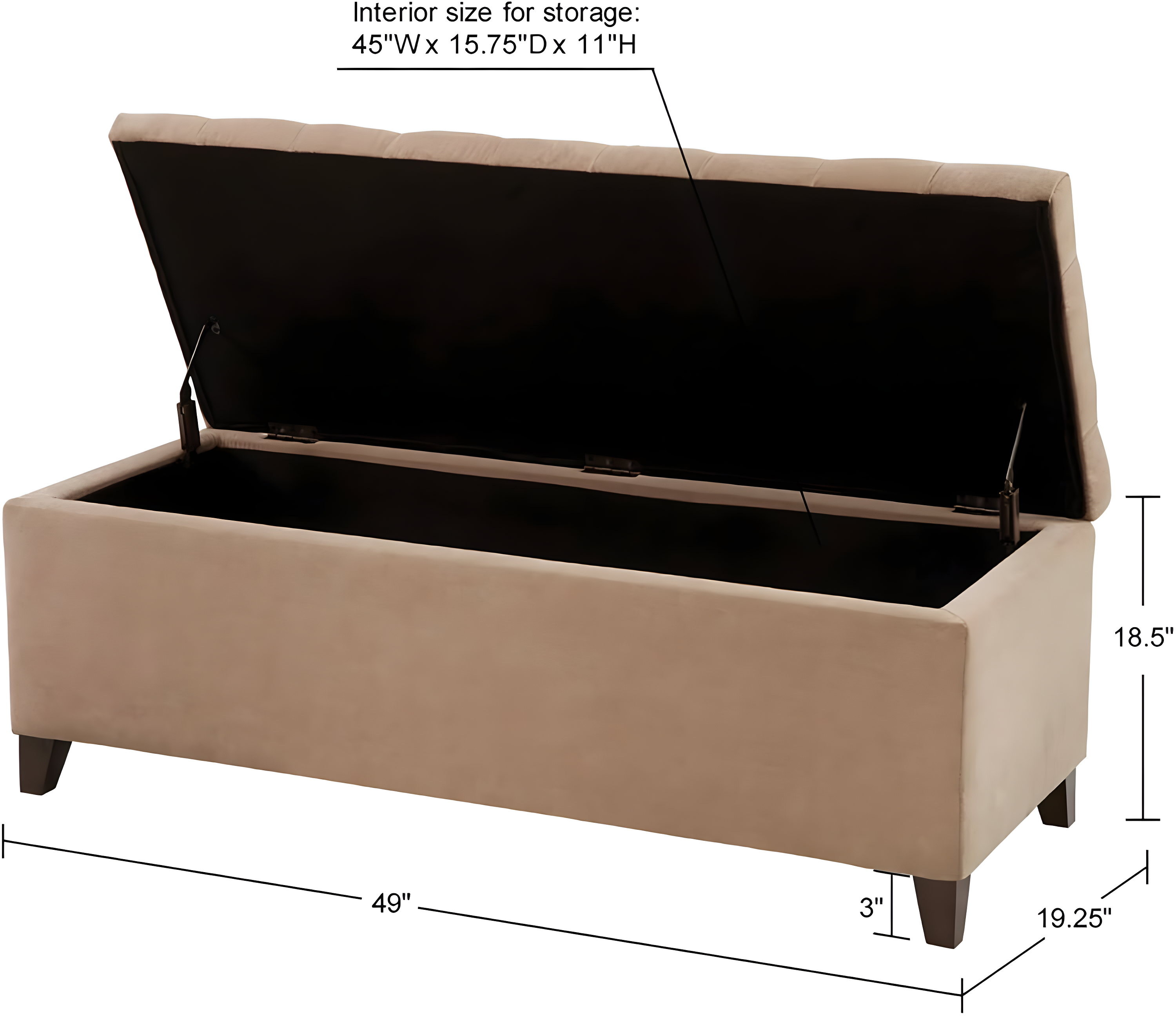 Shandra Bench Storage Ottoman with Tufted Top - Sand: Upholstered Bedroom Ottoman, Wood Legs, No Assembly Required