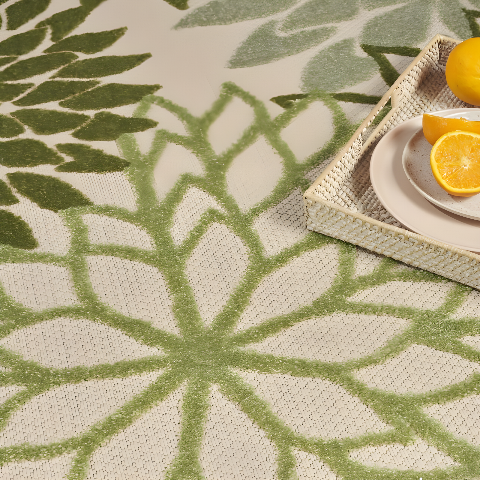 Nourison Aloha Floral Bloom Flatweave High-Low Indoor Outdoor Area Rug Ivory Green 3'6" x 5'6"
