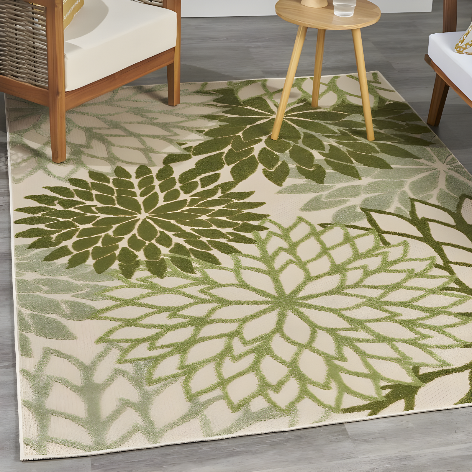 Nourison Aloha Floral Bloom Flatweave High-Low Indoor Outdoor Area Rug Ivory Green 3'6" x 5'6"