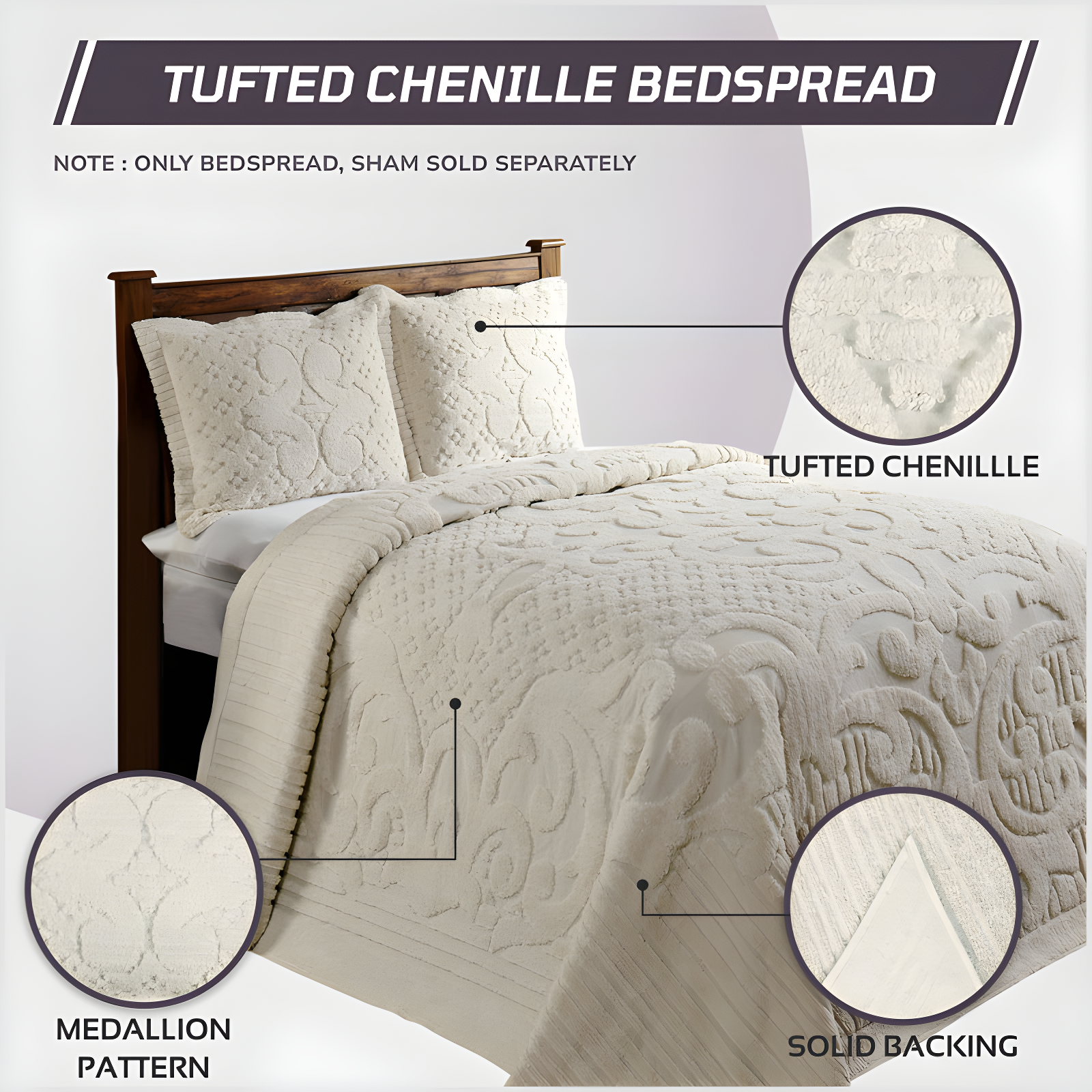 Better Trends Ashton 100% Cotton Chenille Bedspread with Medallion Pattern,  Soft & Breathable Coverlet, Luxurious Bedding for All Seasons, Machine Washable