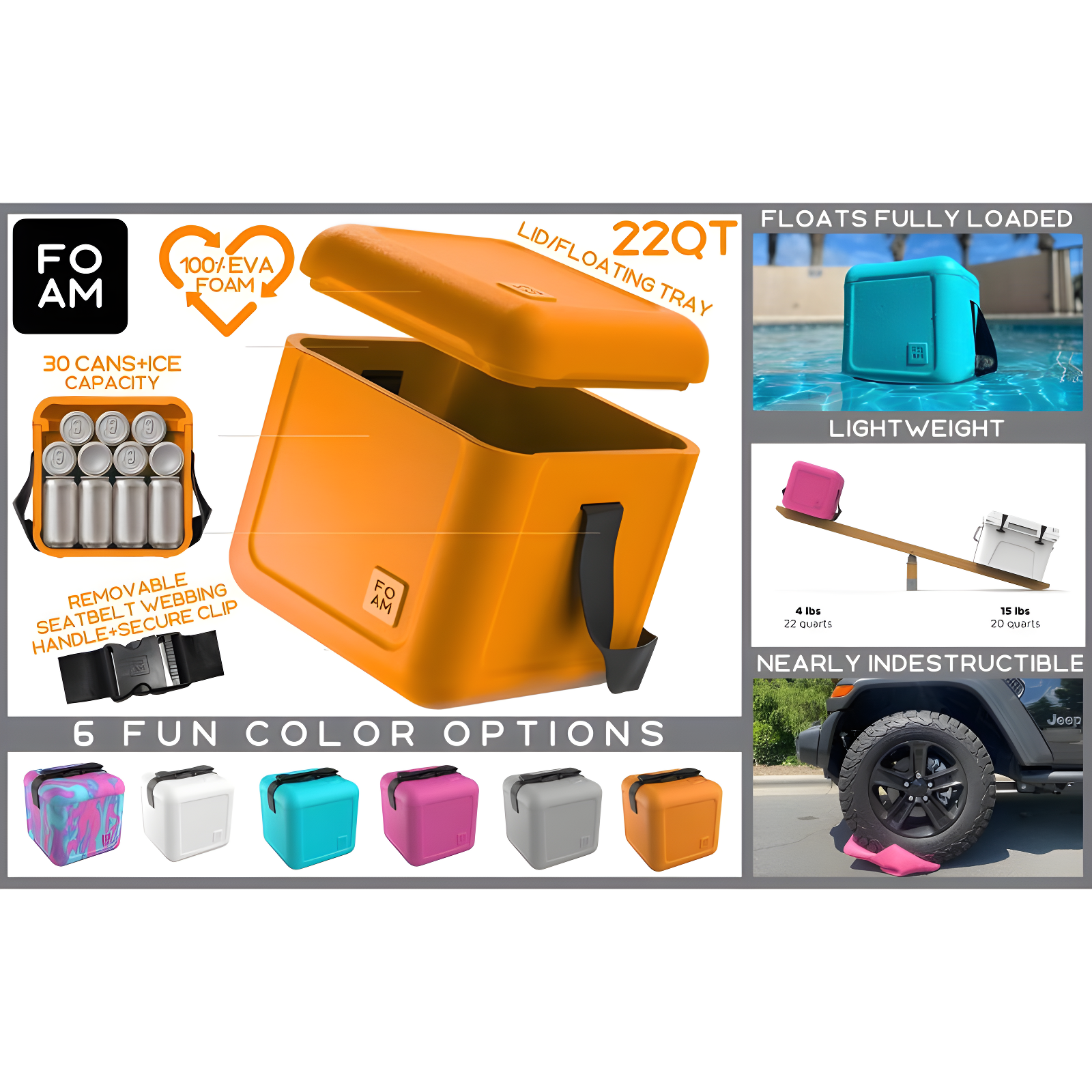 FOAM FOAM Portable 22 Quart EVA Lightweight Beach Rigid Hybrid Soft Side Cooler that Holds 30 Cans & Ice