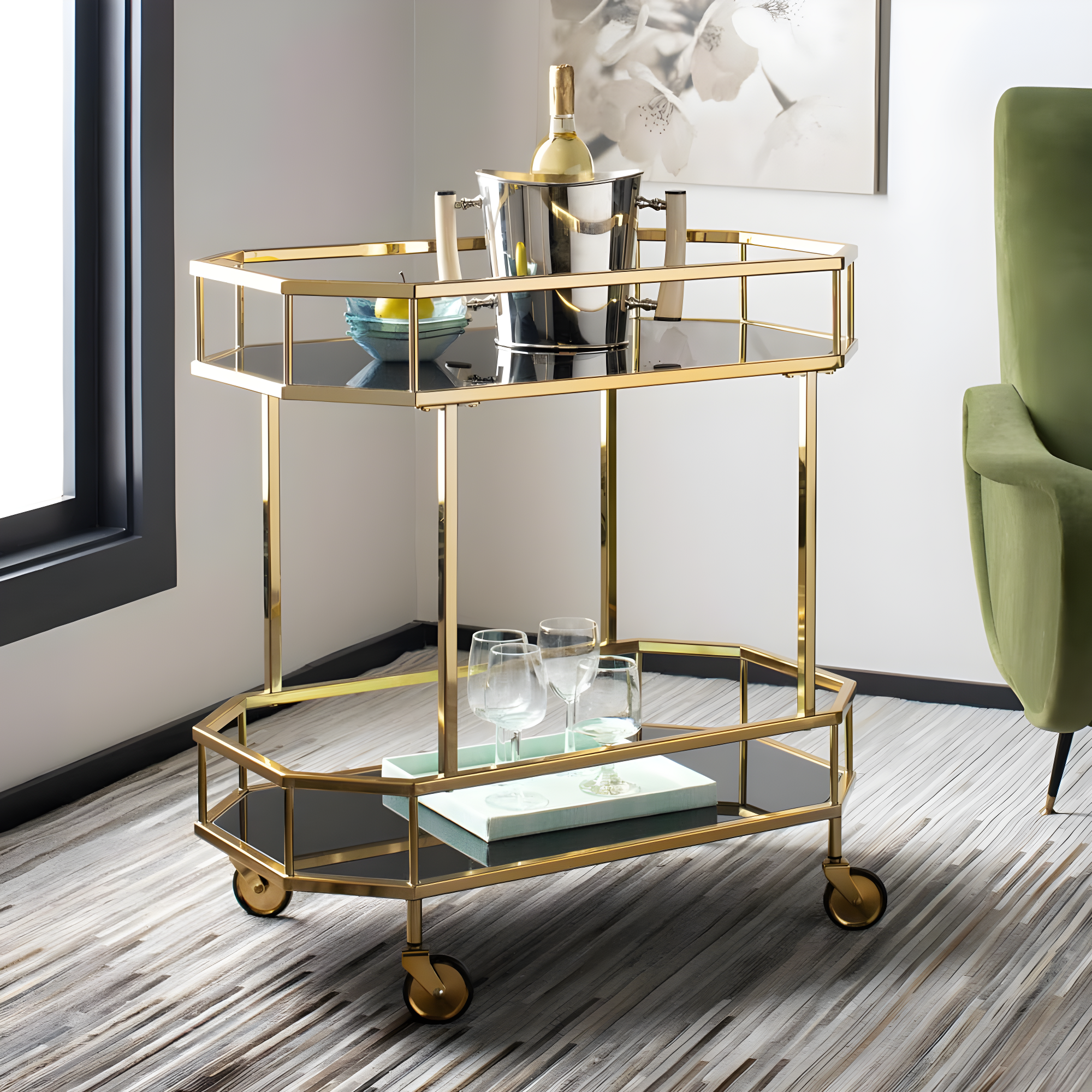Silva 2 Tier Octagon Bar Cart - BCT8004C - Brass/Black - Safavieh