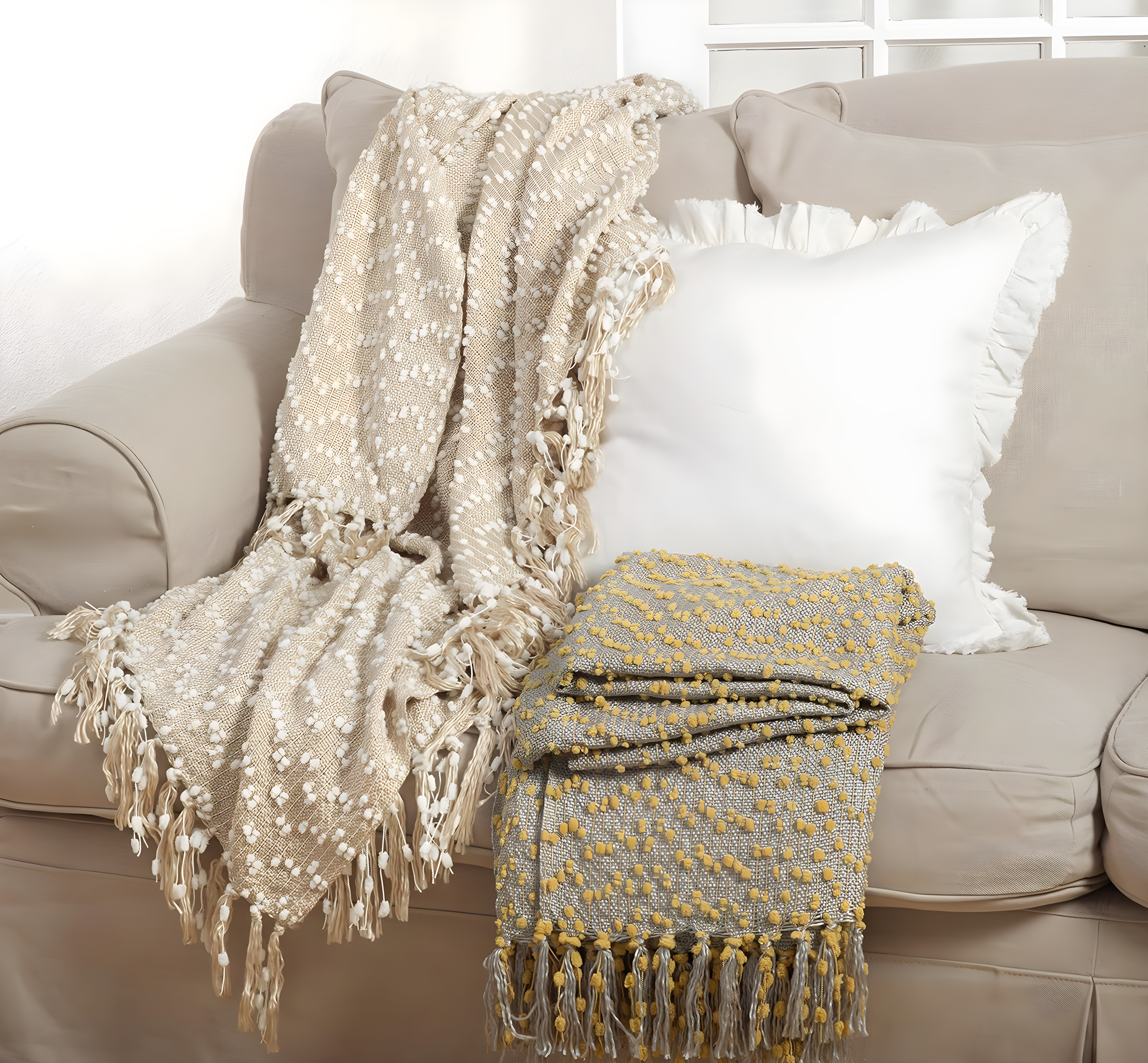 50"x60" Petite Pom-Pom Design Throw Blanket White - Saro Lifestyle: Acrylic & Polyester, Mesh Construction, Dry Clean