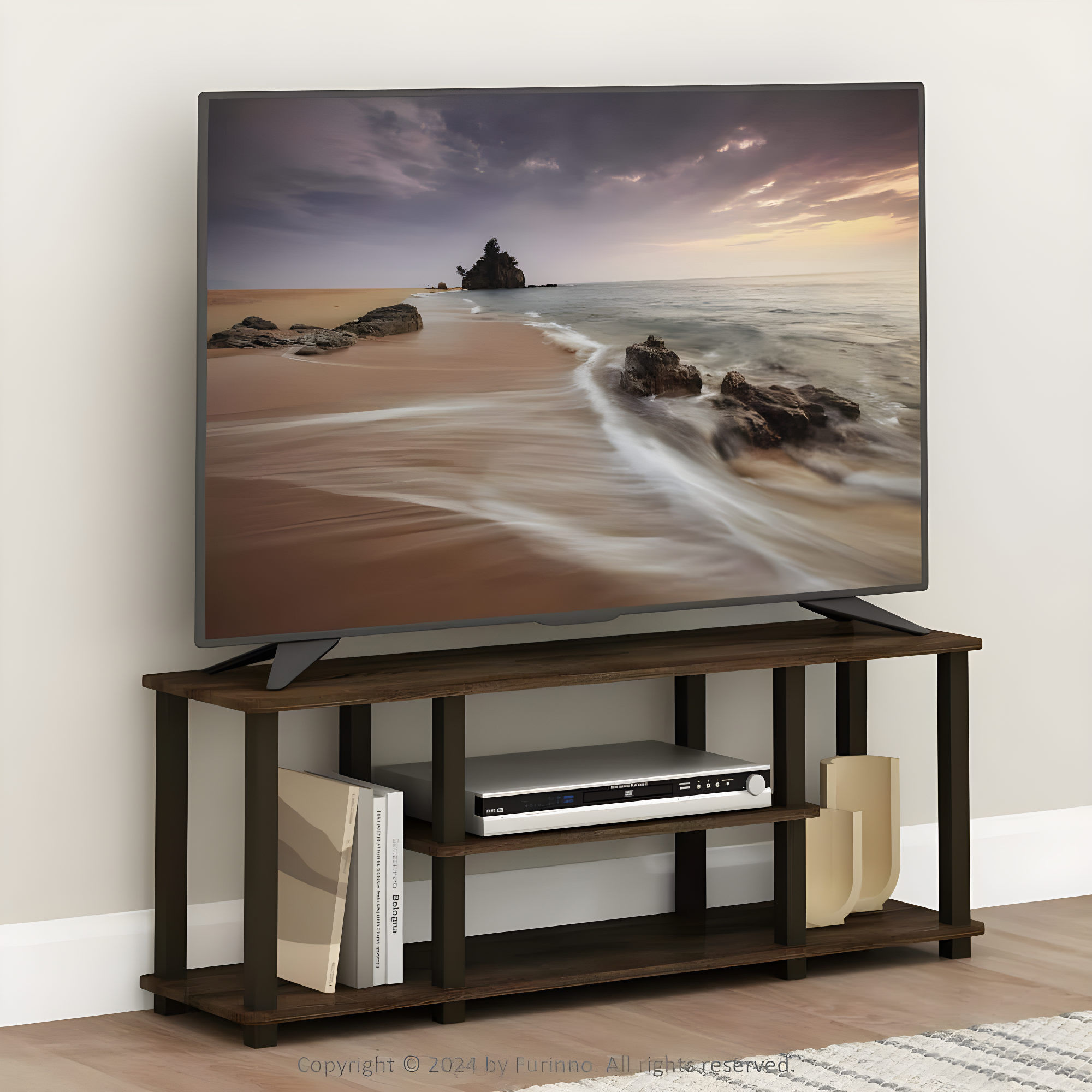 Furinno Turn-S-Tube No Tools 3D 3-Tier Entertainment TV Stands with Square Tube, Walnut/Brown, 18027WN/BR