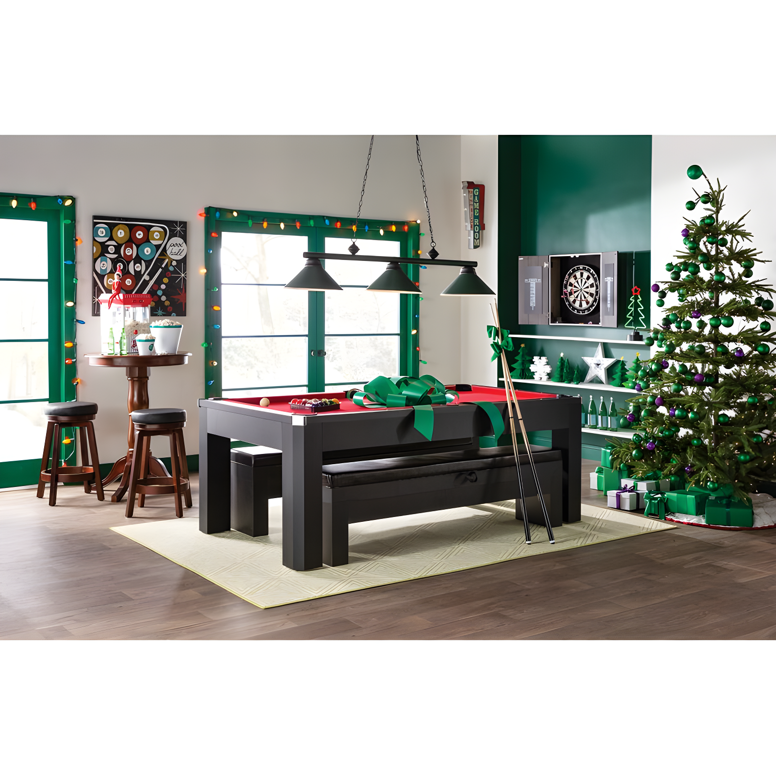 Hathaway Newport Stylish 7 Ft Multi Game Pool Table Combo with Dining Top and Ping Pong – Includes Benches for Home Storage and Accessories