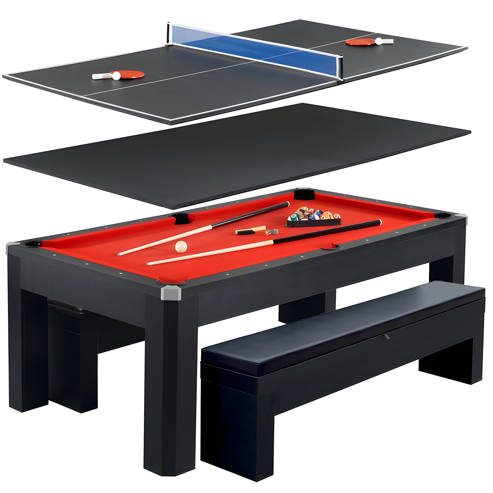 Hathaway Newport Stylish 7 Ft Multi Game Pool Table Combo with Dining Top and Ping Pong – Includes Benches for Home Storage and Accessories
