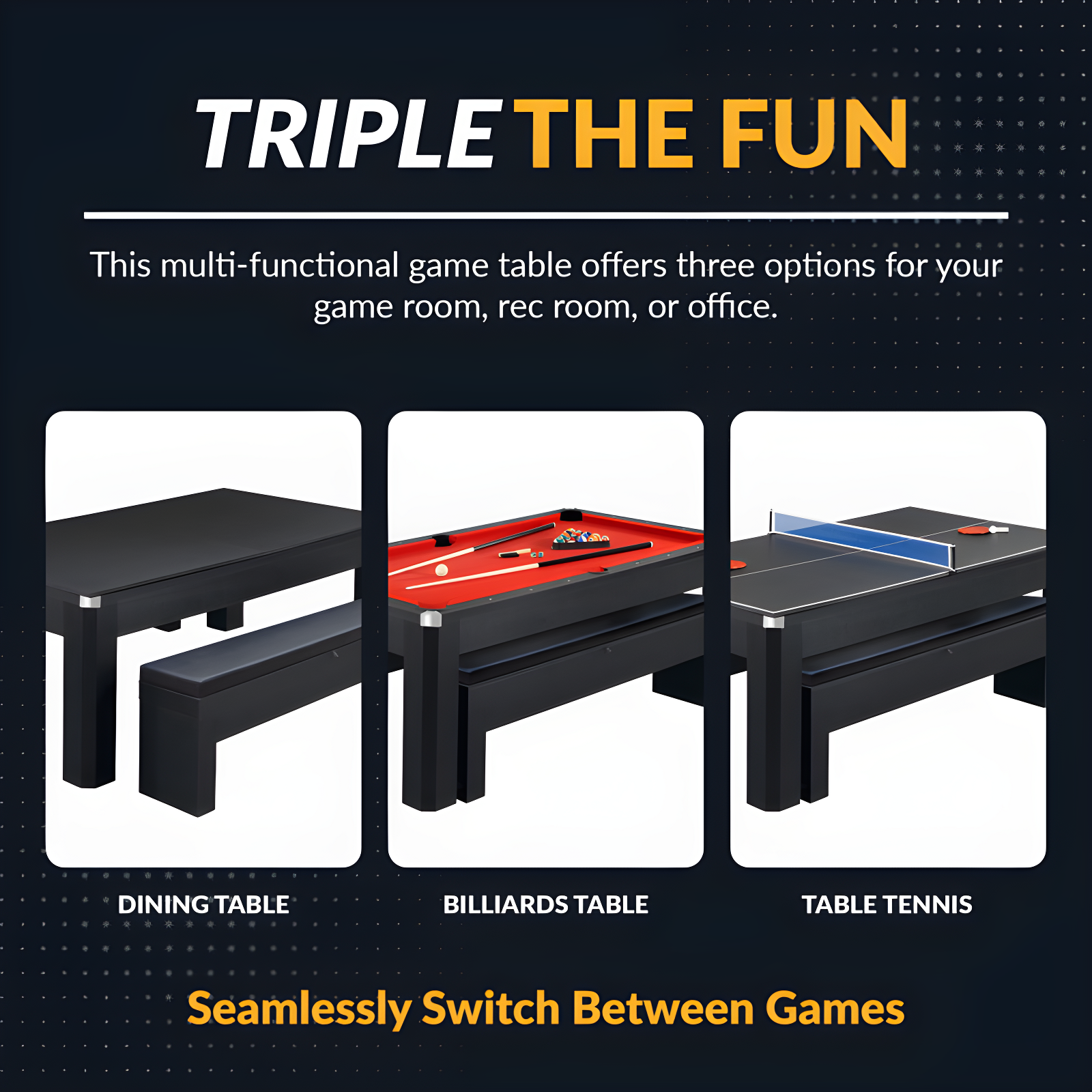 Hathaway Newport Stylish 7 Ft Multi Game Pool Table Combo with Dining Top and Ping Pong – Includes Benches for Home Storage and Accessories