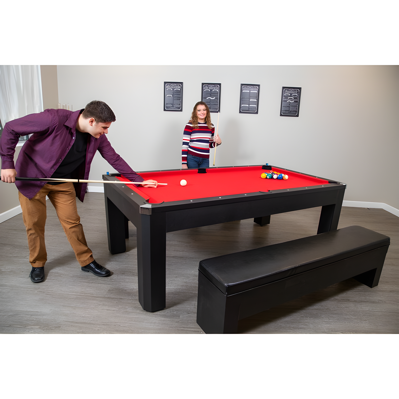 Hathaway Newport Stylish 7 Ft Multi Game Pool Table Combo with Dining Top and Ping Pong – Includes Benches for Home Storage and Accessories