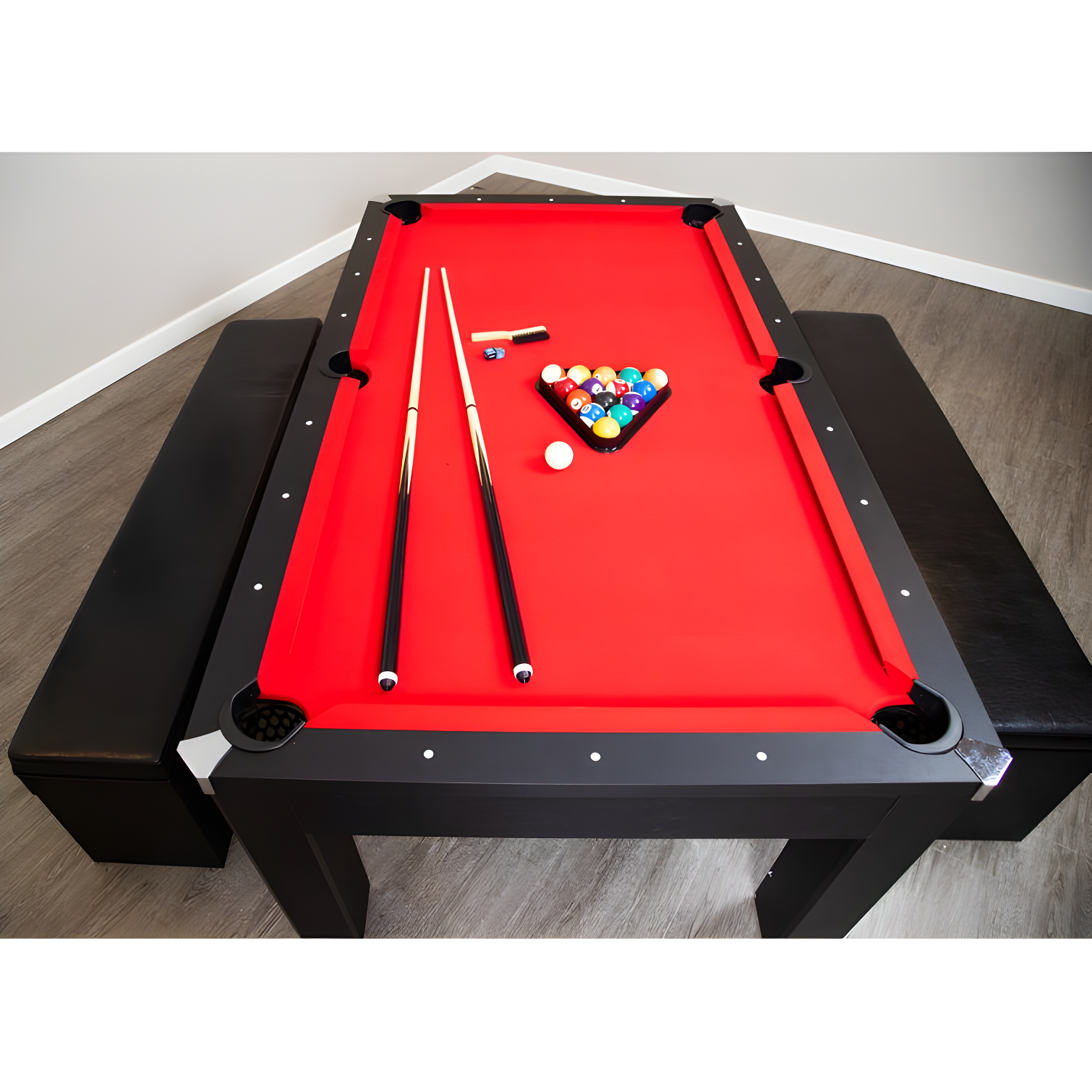 Hathaway Newport Stylish 7 Ft Multi Game Pool Table Combo with Dining Top and Ping Pong – Includes Benches for Home Storage and Accessories
