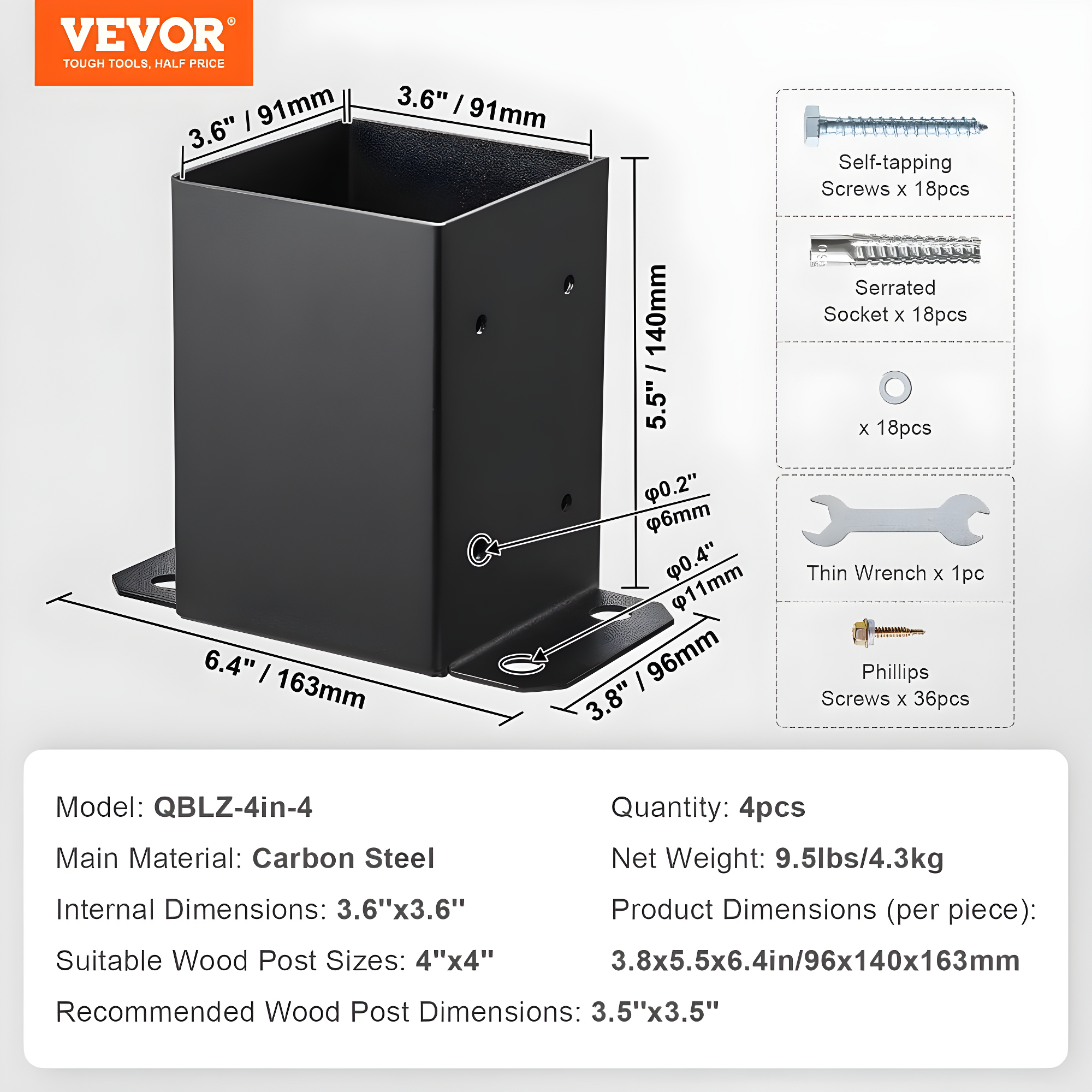 VEVOR 4 Pack 4x4 Post Base Brackets Heavy Duty Wood Post Fence Post Anchor