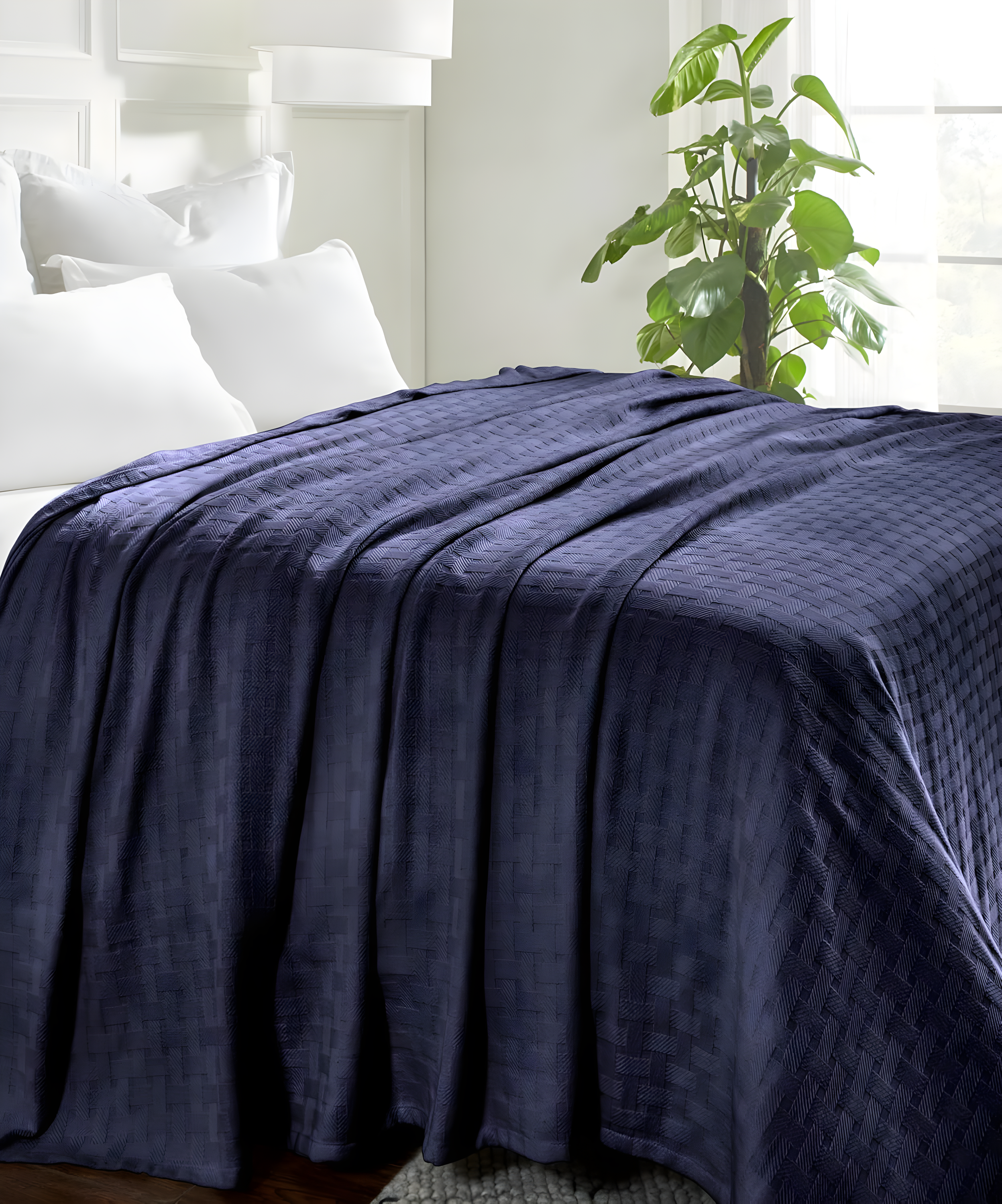 Superior Basketweave All-Season Cotton Blanket, Throw (Non-Standard), Navy Blue