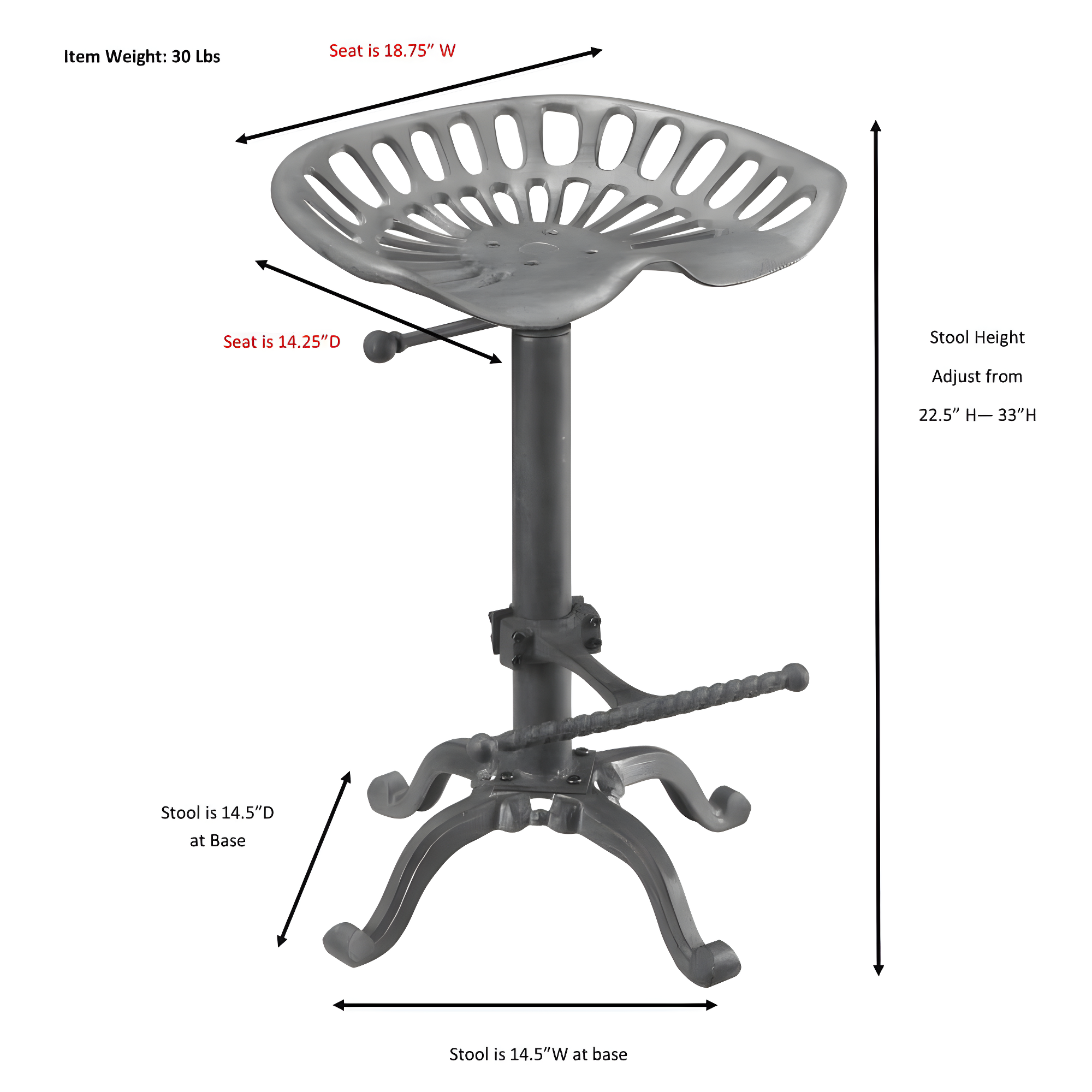 Carolina Living Adjustable Tractor Seat Counter Height Barstool Metal/Red: Wrought Iron Design, Spot Clean, 300lb Capacity