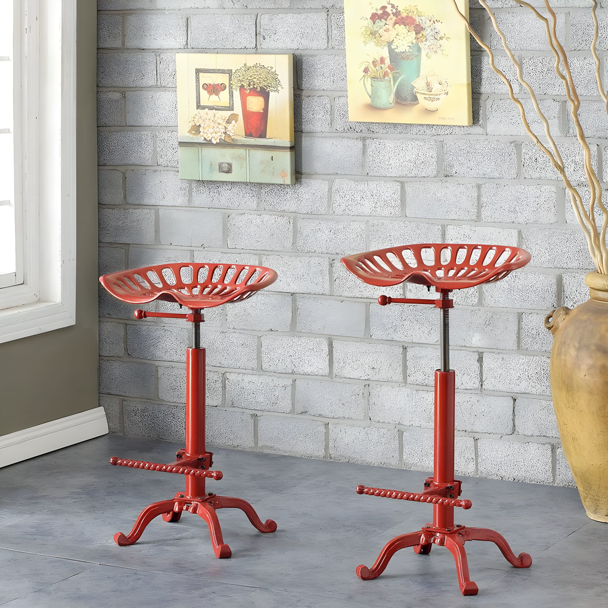 Carolina Living Adjustable Tractor Seat Counter Height Barstool Metal/Red: Wrought Iron Design, Spot Clean, 300lb Capacity