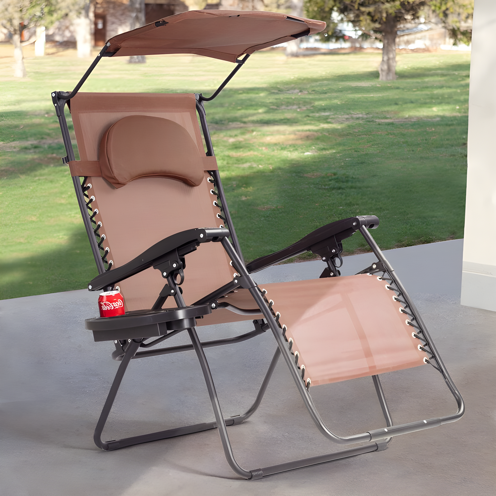 Arlmont & Co. Outdoor Folding Recliner Lounge Chair with Shade Canopy And Cup Holder