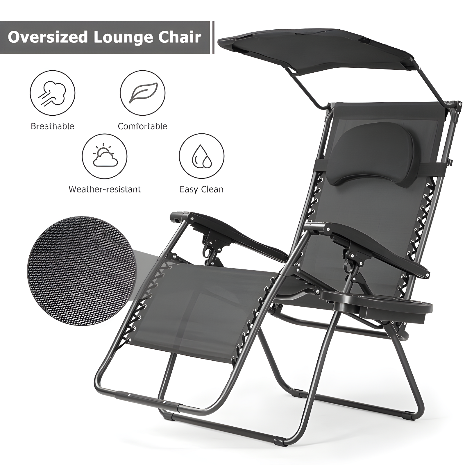 Arlmont & Co. Outdoor Folding Recliner Lounge Chair with Shade Canopy And Cup Holder