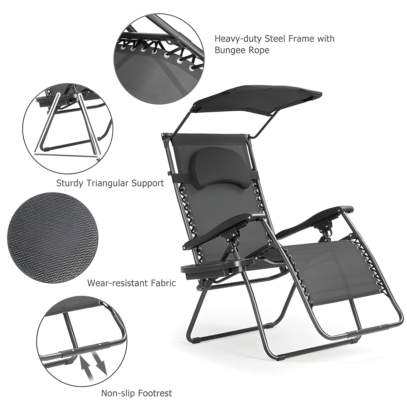 Arlmont & Co. Outdoor Folding Recliner Lounge Chair with Shade Canopy And Cup Holder