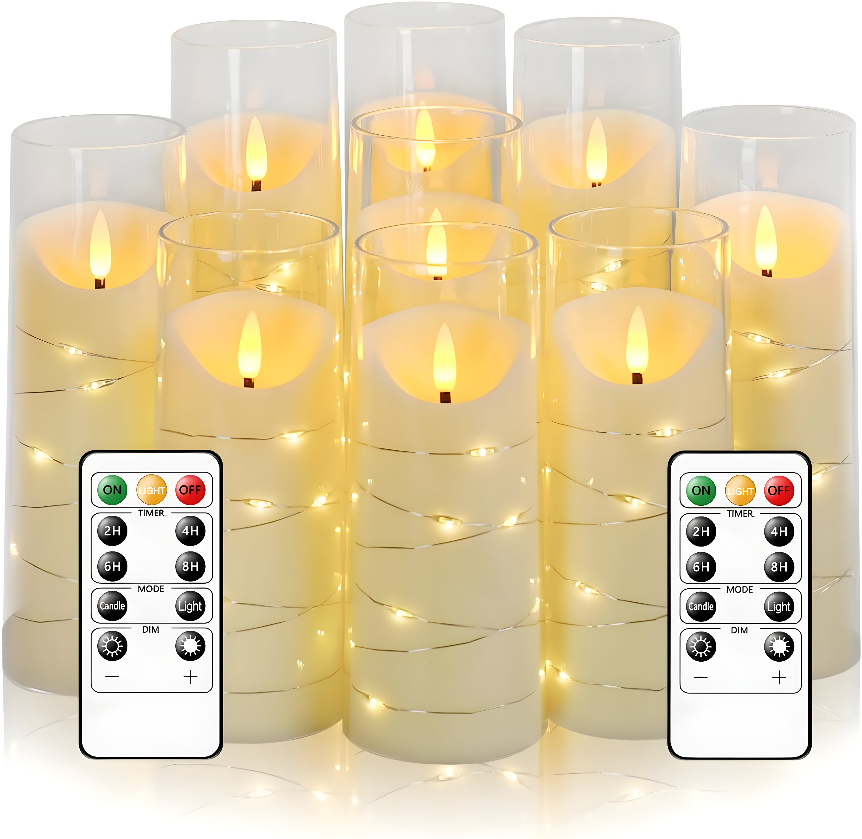 Raycare Flameless LED Candles with Embedded Star String, 9 Pcs Battery Operated Acrylic Pillar Candles with Timer and Remote, Flickering for Romantic Ambiance and Home Decoration (White)