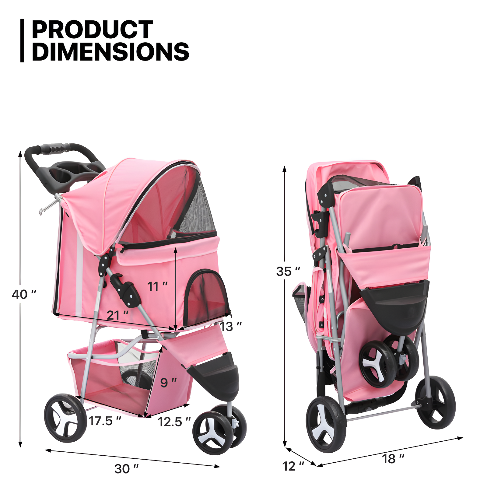 3 Wheel Folding Pet Stroller, Foldable Dog Jogger Stroller with Storage Basket, Cup Holder & Canopy