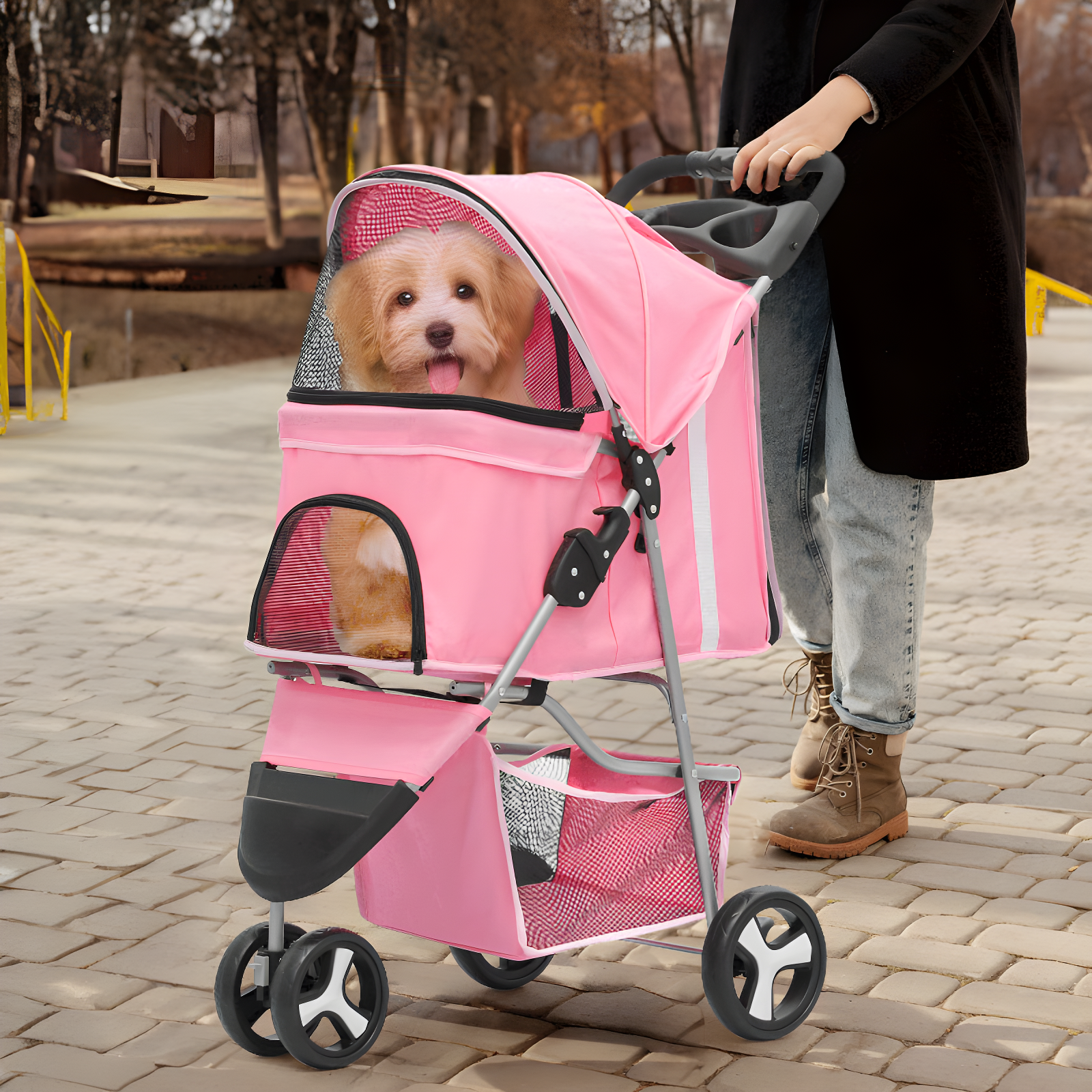 3 Wheel Folding Pet Stroller, Foldable Dog Jogger Stroller with Storage Basket, Cup Holder & Canopy