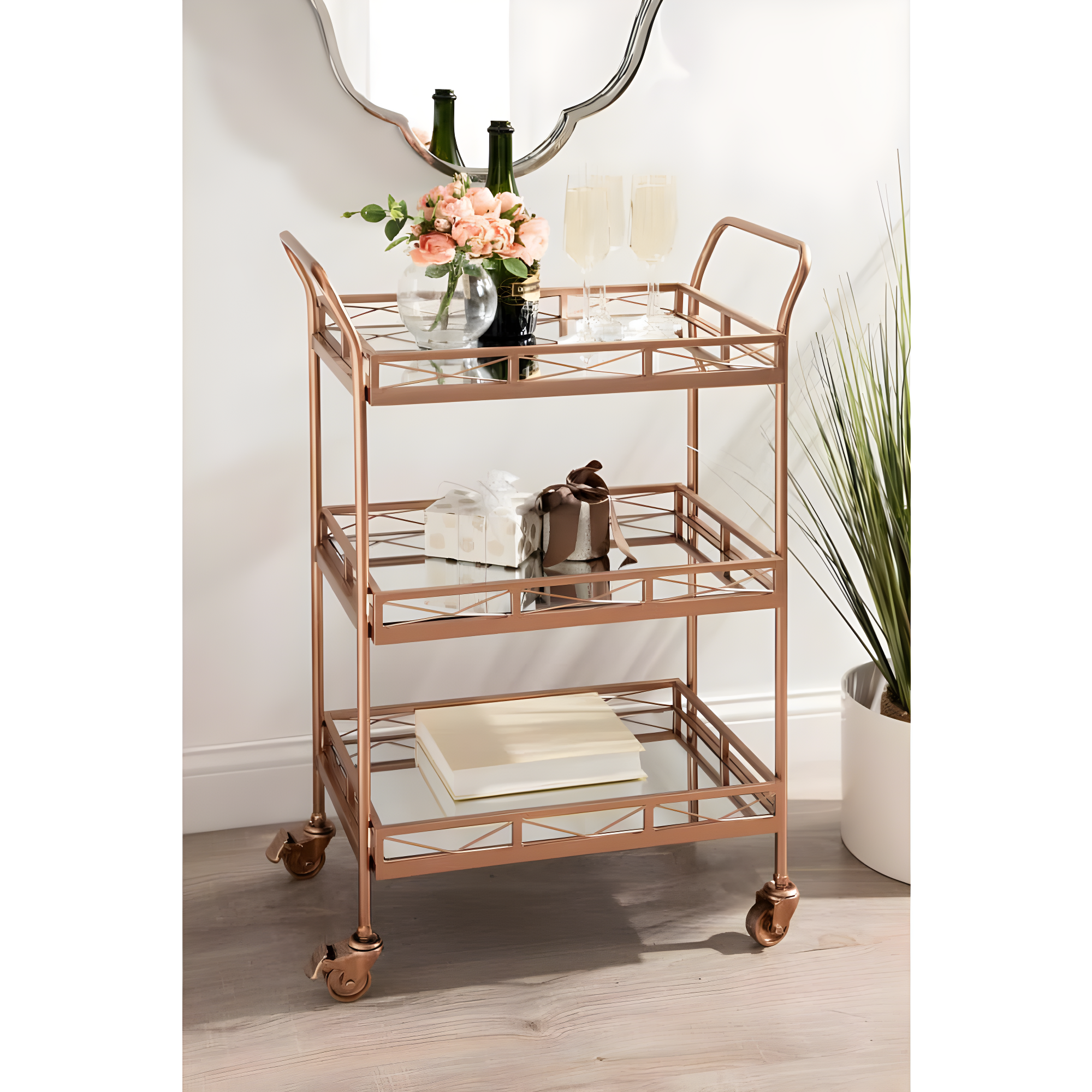 Kate and Laurel Ketia Rectangle Metal Bar Cart, 23x13x35, Rose Gold