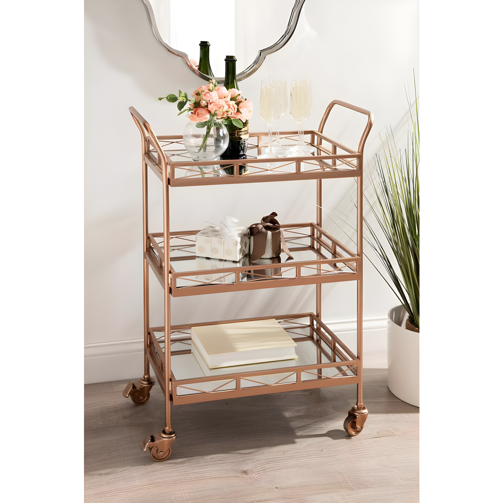 Kate and Laurel Ketia Rectangle Metal Bar Cart, 23x13x35, Rose Gold