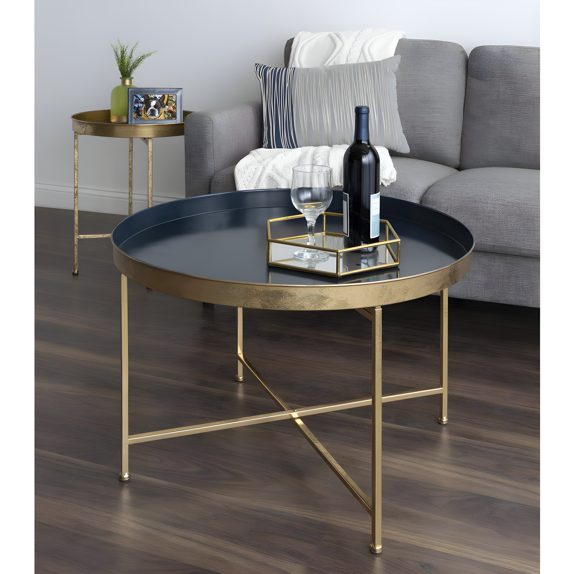 Kate and Laurel Celia Round Metal Coffee Table, 28.25x28.25x19, Navy Blue and Gold