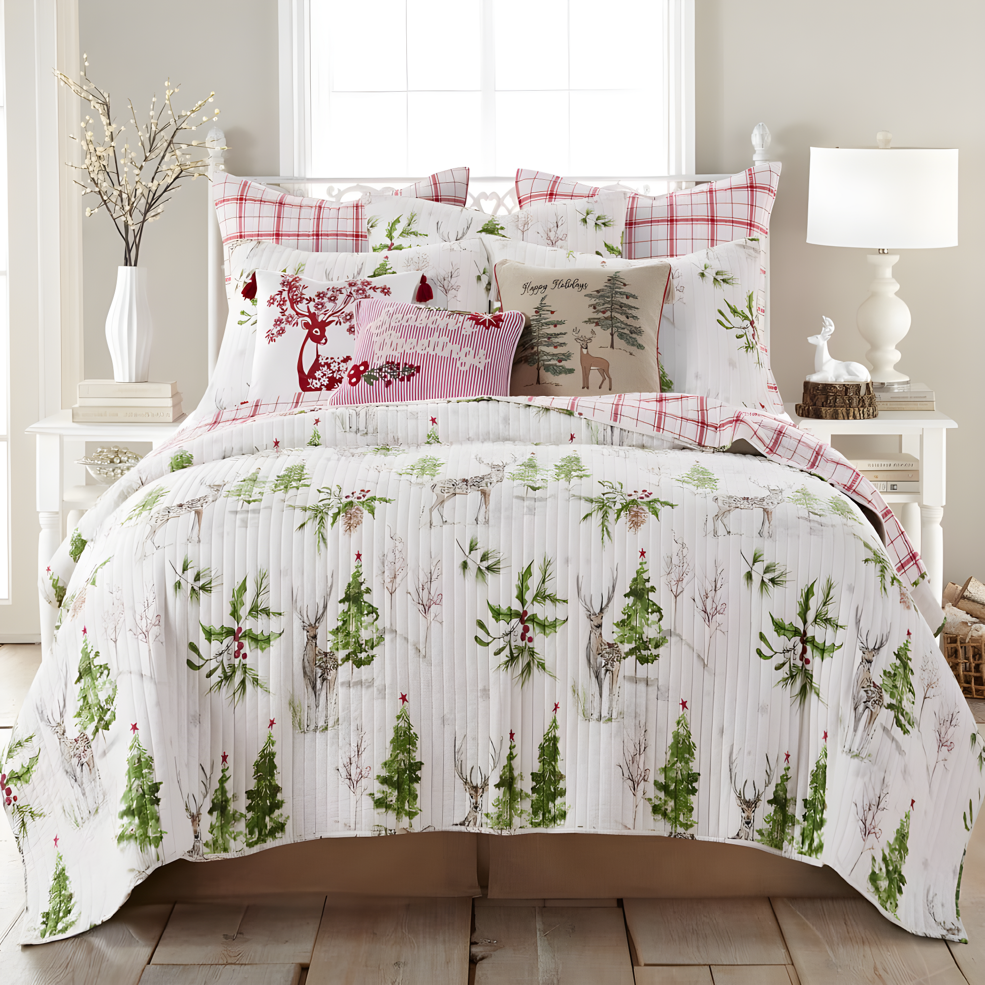 Standard Villa Lugano Sleigh Bells Sham White/Green/Red - Levtex Home: Reindeer Design, Tie Closure