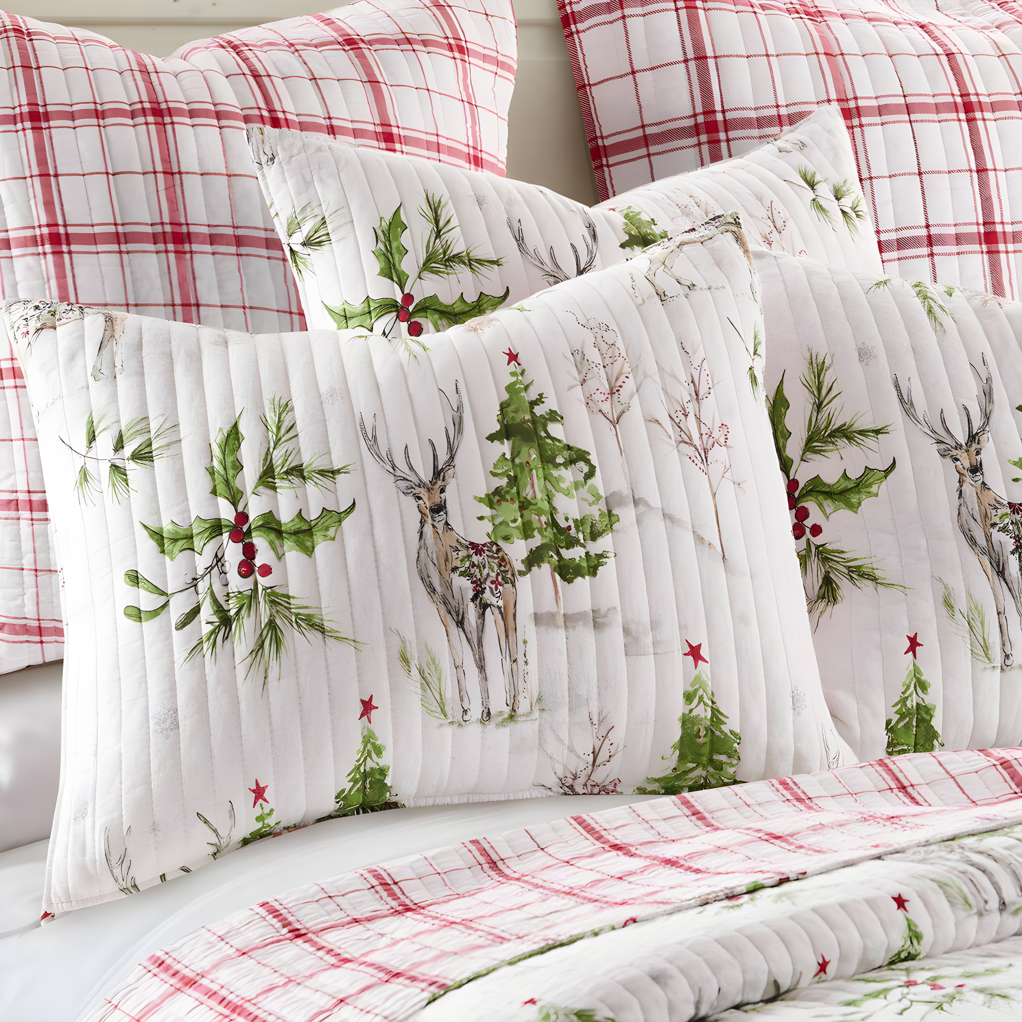 Standard Villa Lugano Sleigh Bells Sham White/Green/Red - Levtex Home: Reindeer Design, Tie Closure
