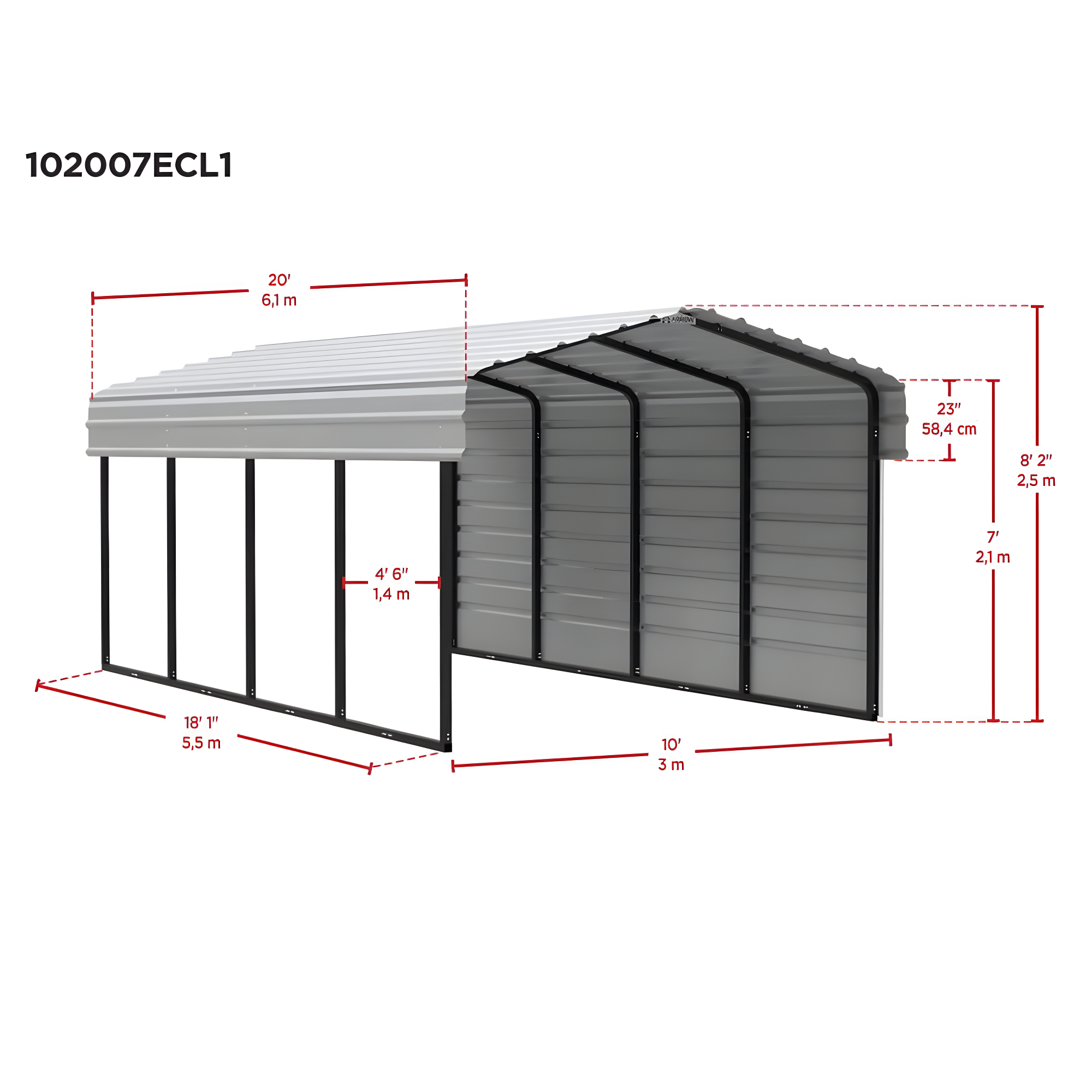 Arrow Arrow Steel Carport with 1 Side Wall Kit, 10X20X07