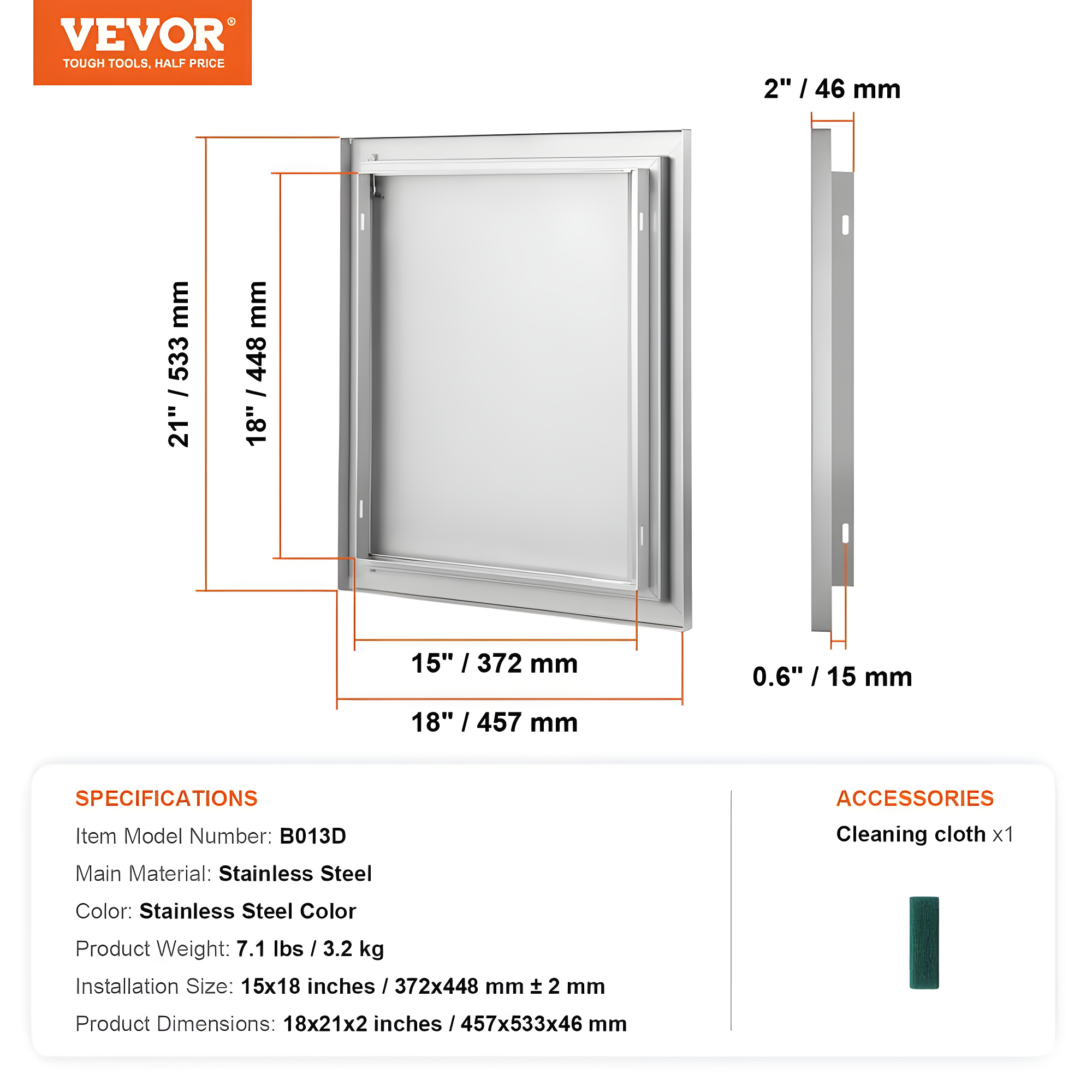 Single Outdoor Kitchen Door 18 in. W x 21 in. H BBQ Access Door Stainless Steel Flush Mount Door Wall Vertical Door