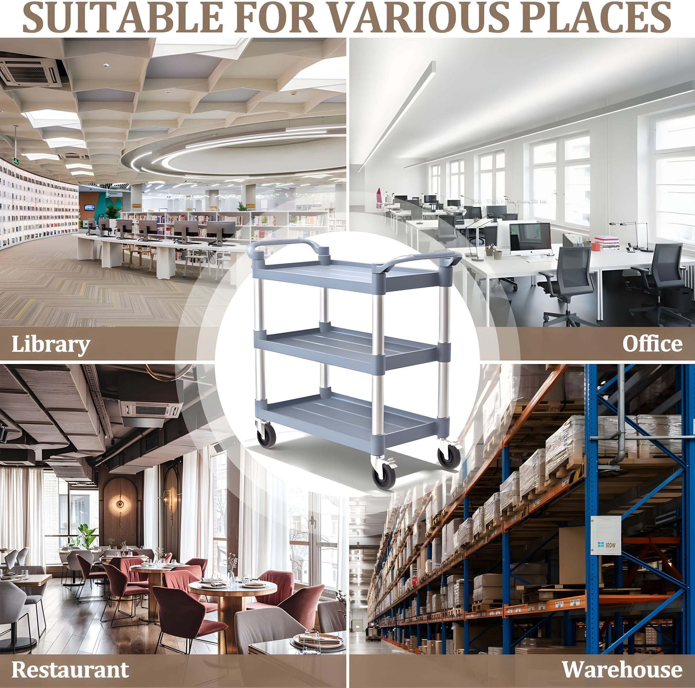 Service Cart Heavy Duty 3-Shelf Rolling Utility/Push Cart with Lockable Wheels, 360 lbs. Capacity, for Foodservice/Restaurant/Cleaning