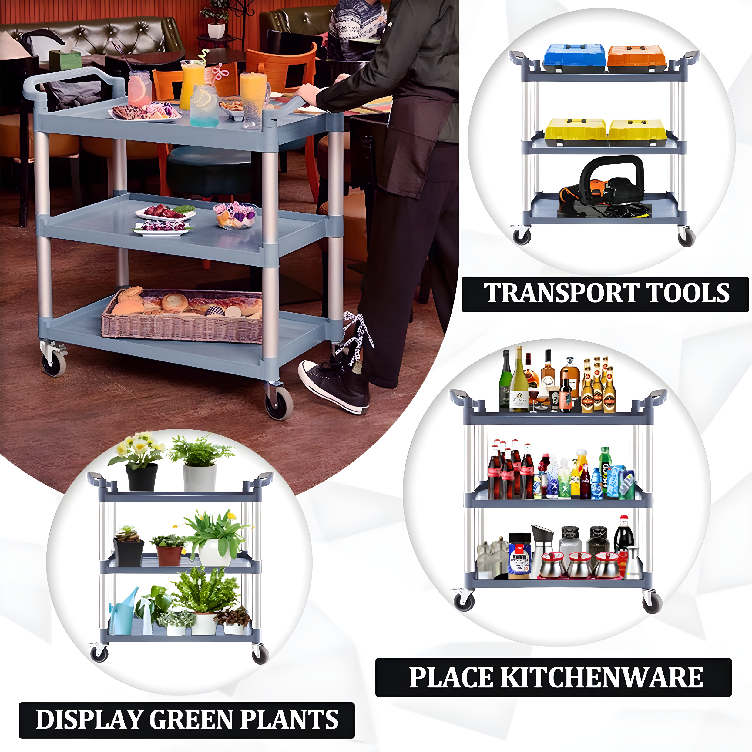 Service Cart Heavy Duty 3-Shelf Rolling Utility/Push Cart with Lockable Wheels, 360 lbs. Capacity, for Foodservice/Restaurant/Cleaning