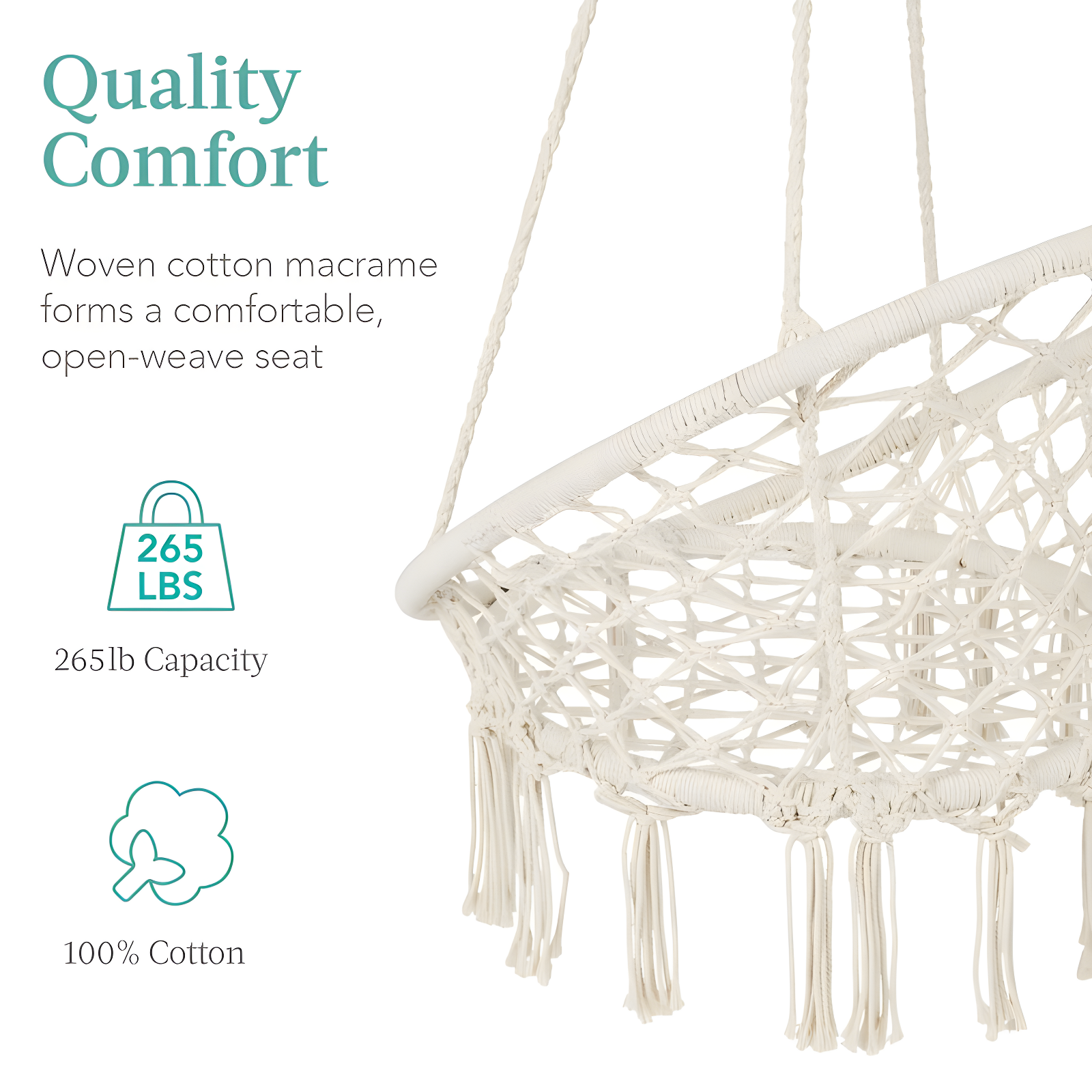 Best Choice Products Macrame Hanging Chair, Handwoven Cotton Hammock Swing w/ Mounting Hardware - Beige