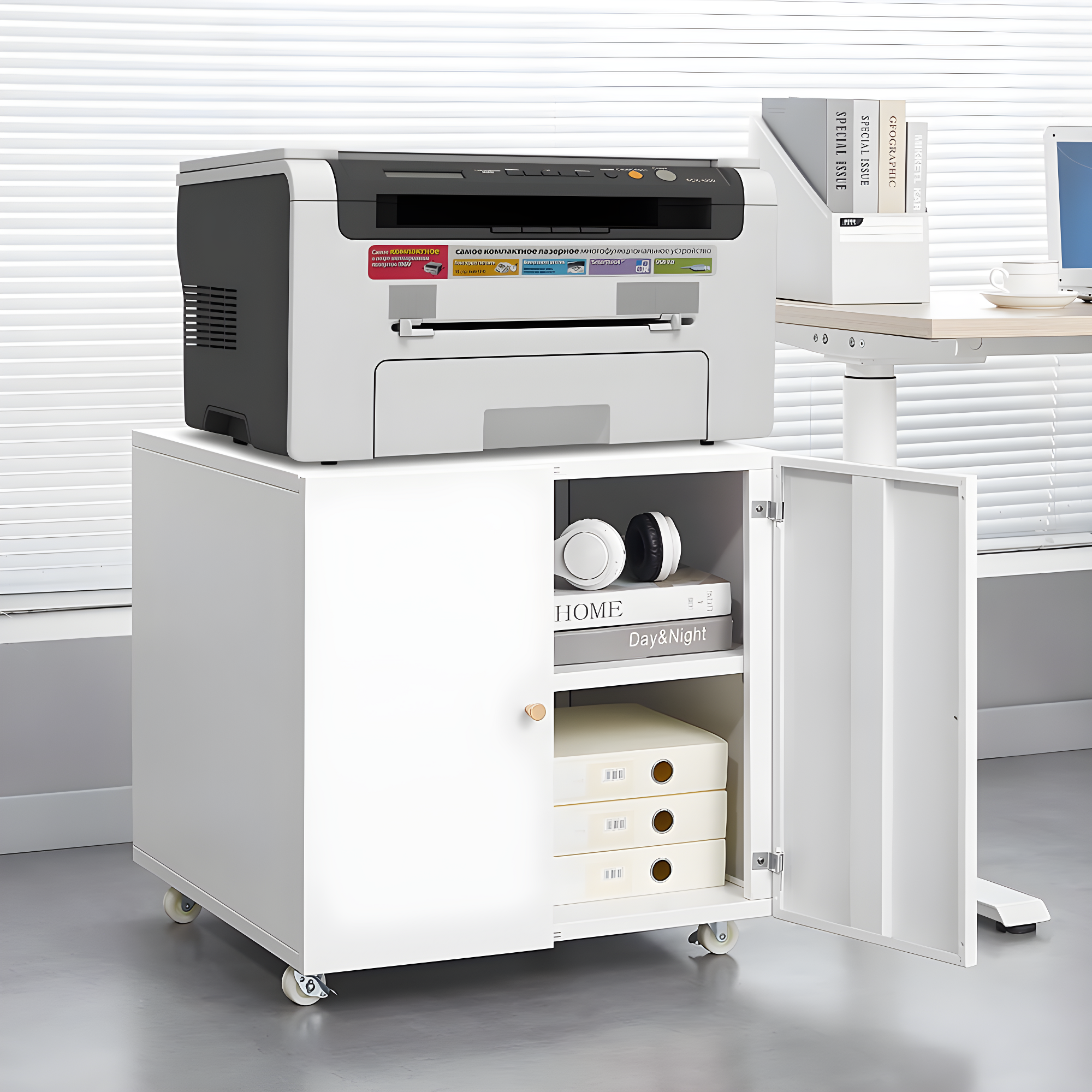 Metal Printer Stand with File Storage Cabinet, Printer Cabinet File Cabinet On Wheels with Door and Adjustable Shelf, Printer Table Stand for Home Office