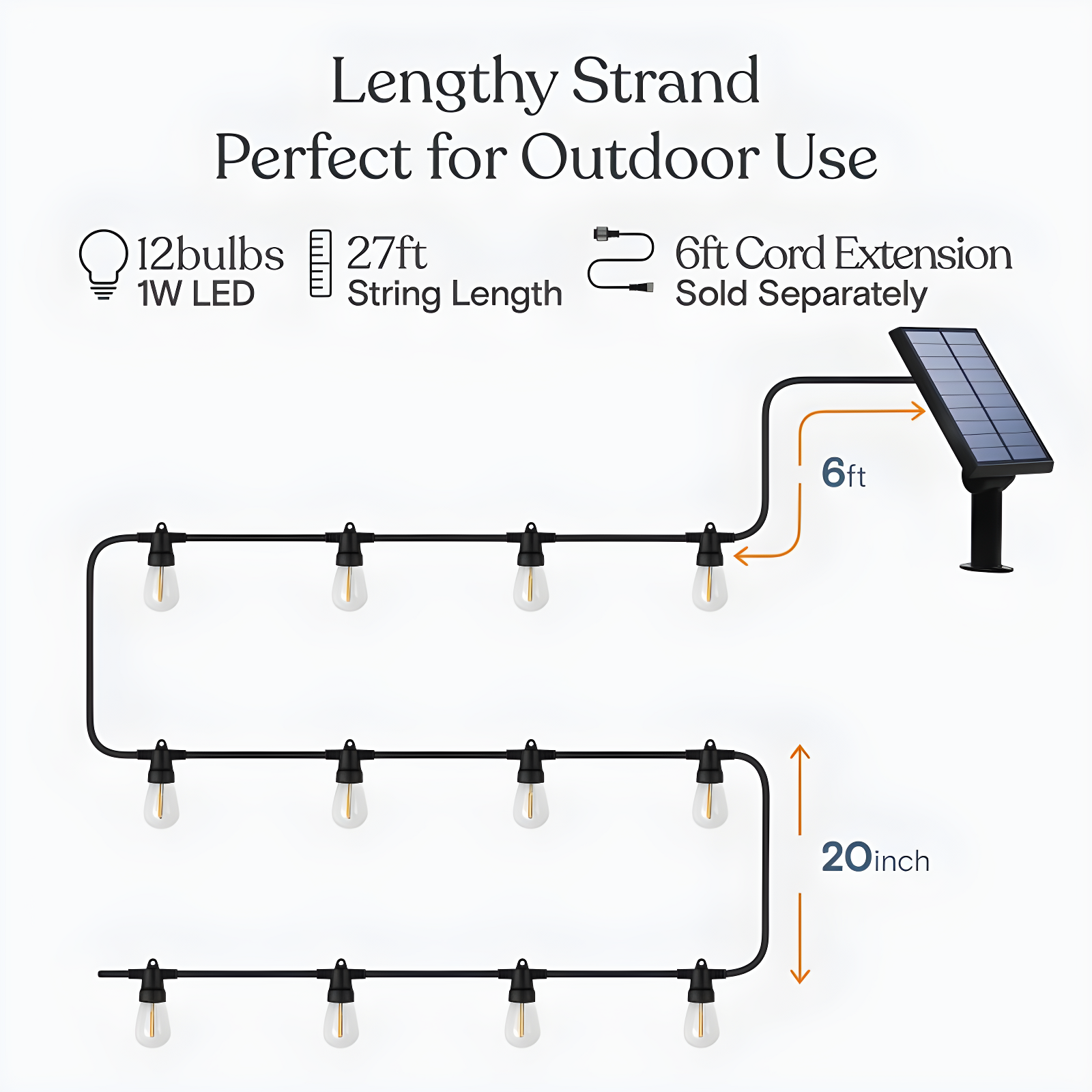 Brightech 12-Bulb LED Ambience Pro Solar 1W 27ft 2700K S14 Outdoor String Lights Clear Bulb Black Wire
