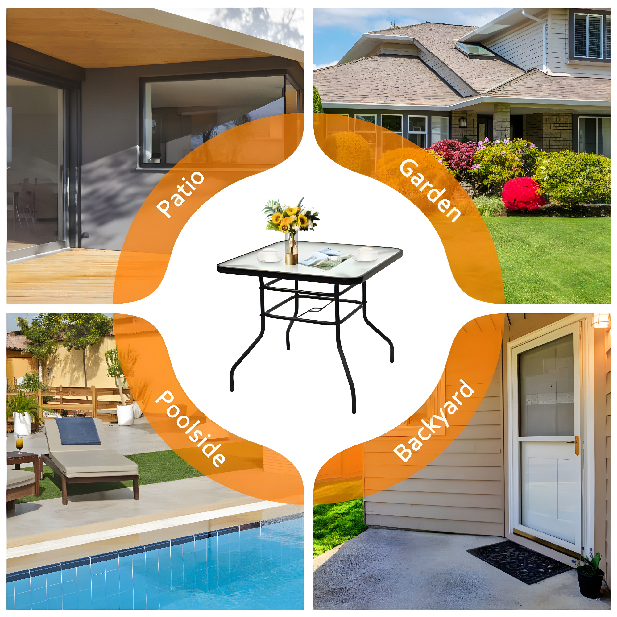 Lark Manor™ Aliyahna 32'' Patio Square Table Tempered Glass Steel Frame Outdoor Pool Yard Garden