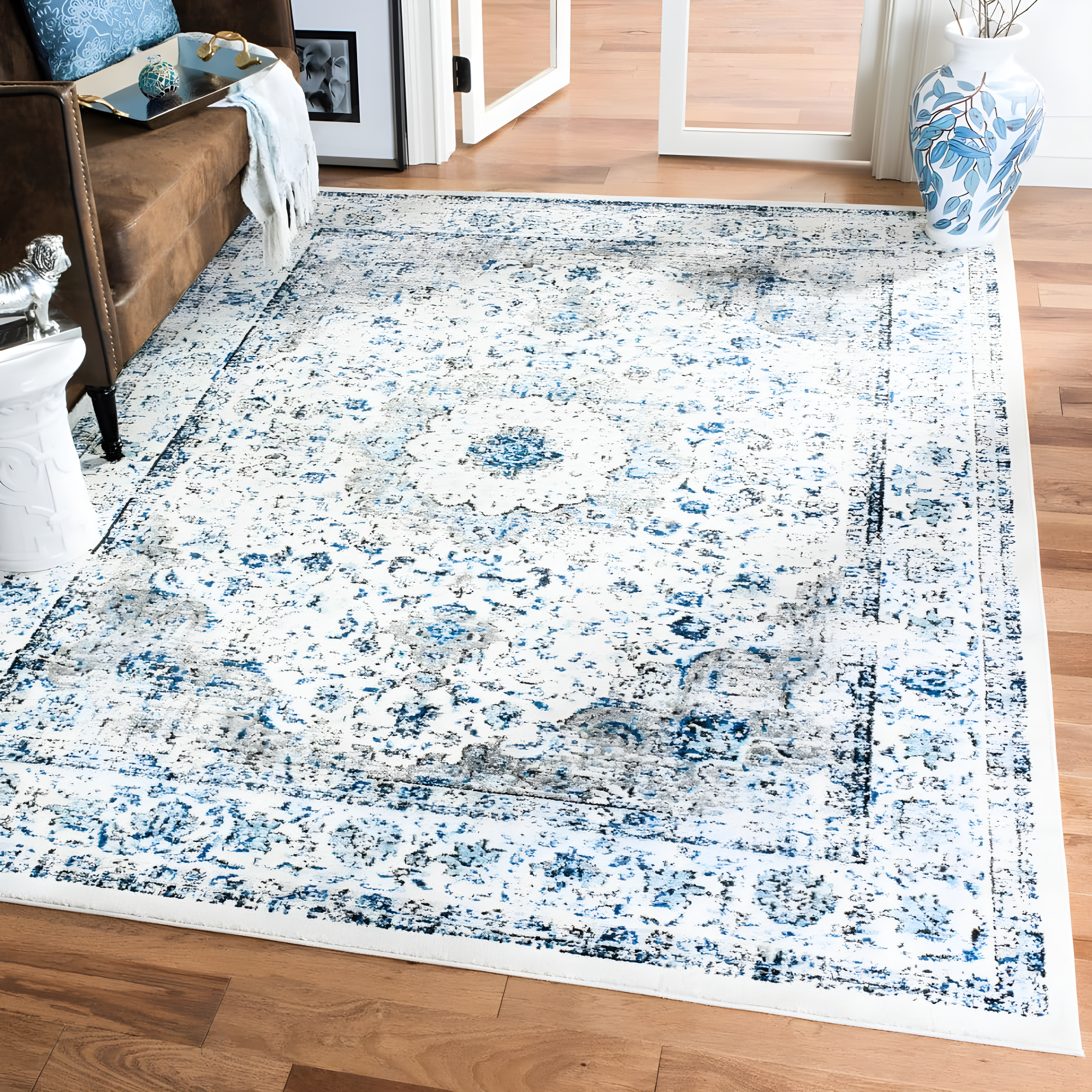 SAFAVIEH Evoke Teale Bordered Area Rug, Ivory/Grey, 11' x 11' Square