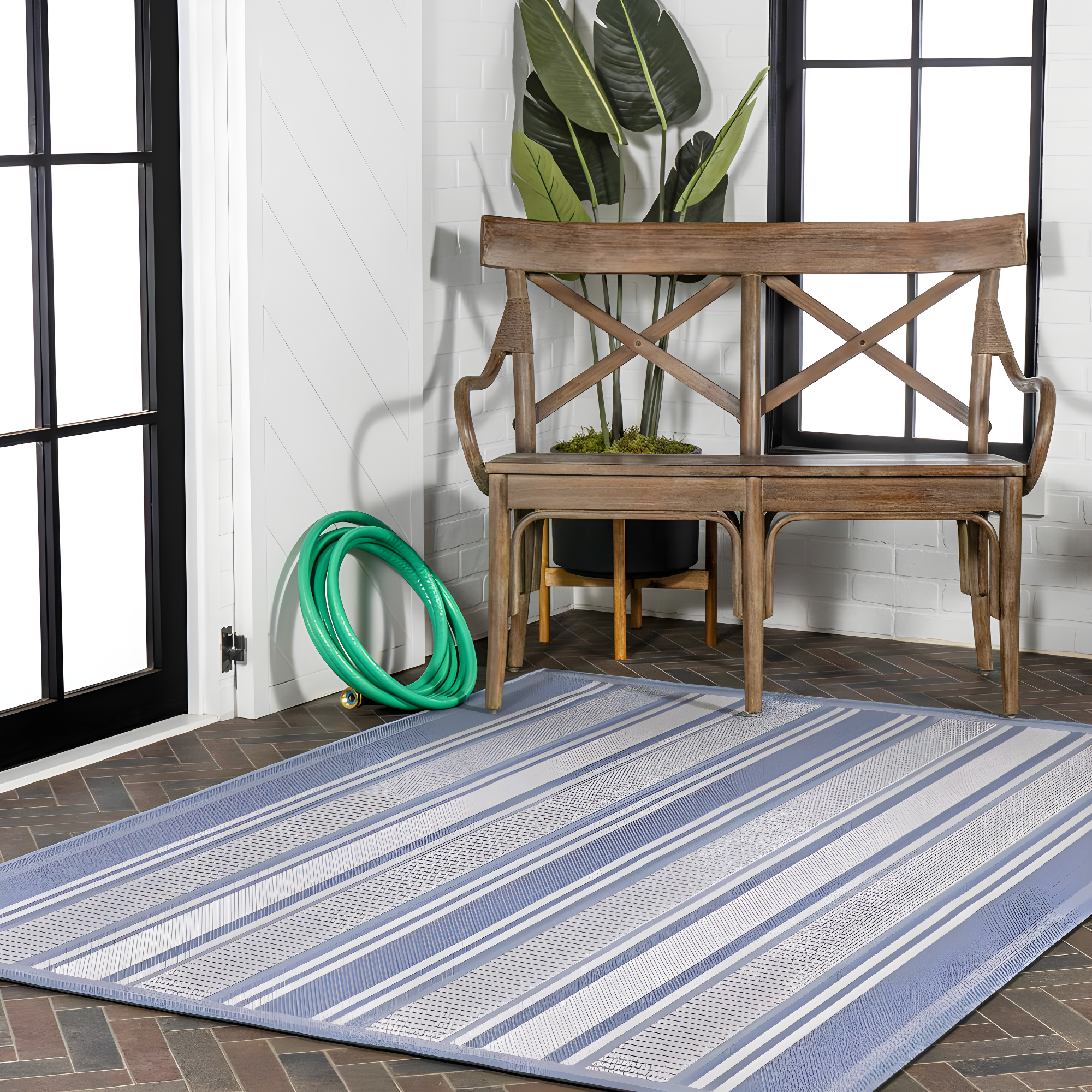 5' x 8' Haynes Modern Double Stripe Indoor/Outdoor Area Rug, Blue/Light Gray - JONATHAN Y