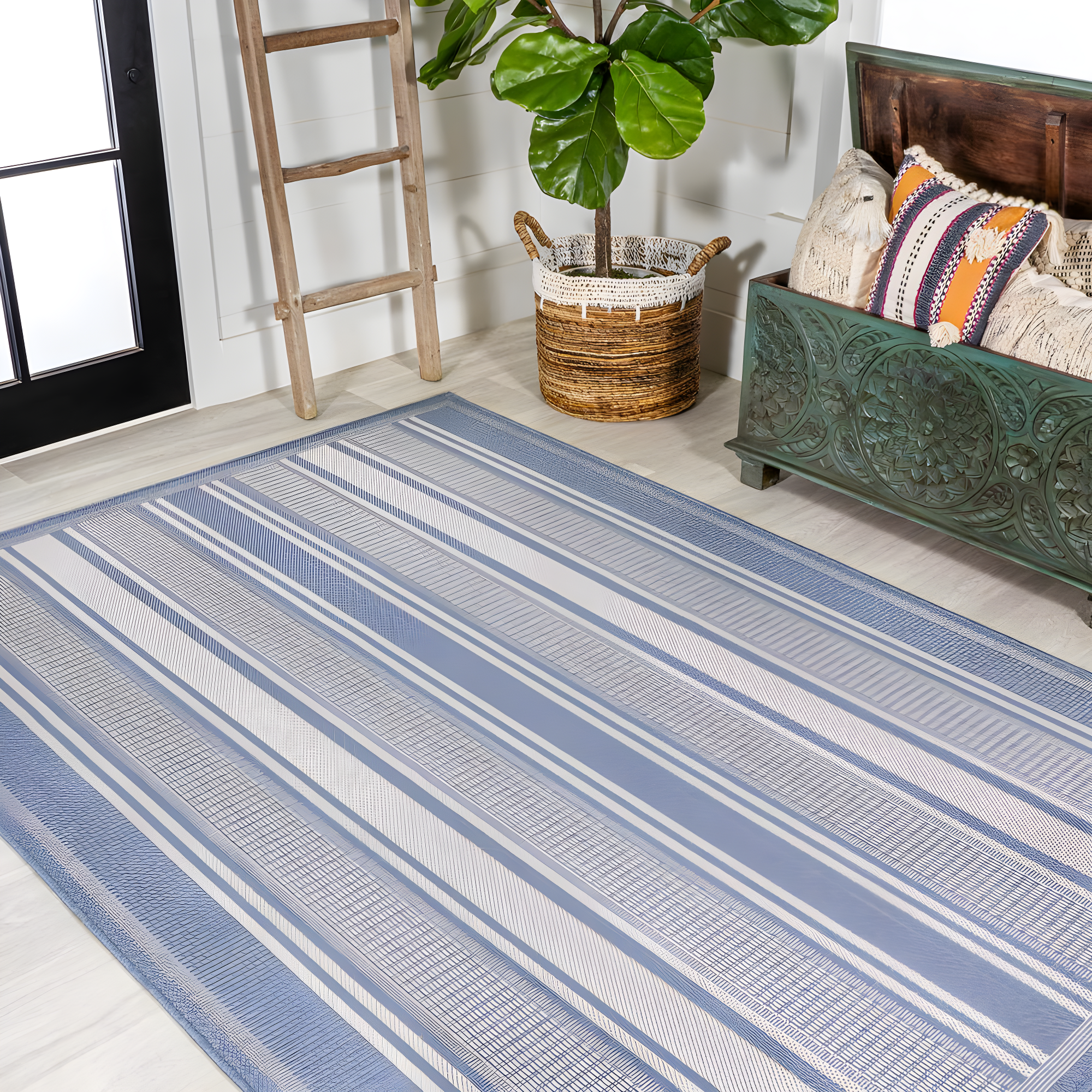 5' x 8' Haynes Modern Double Stripe Indoor/Outdoor Area Rug, Blue/Light Gray - JONATHAN Y