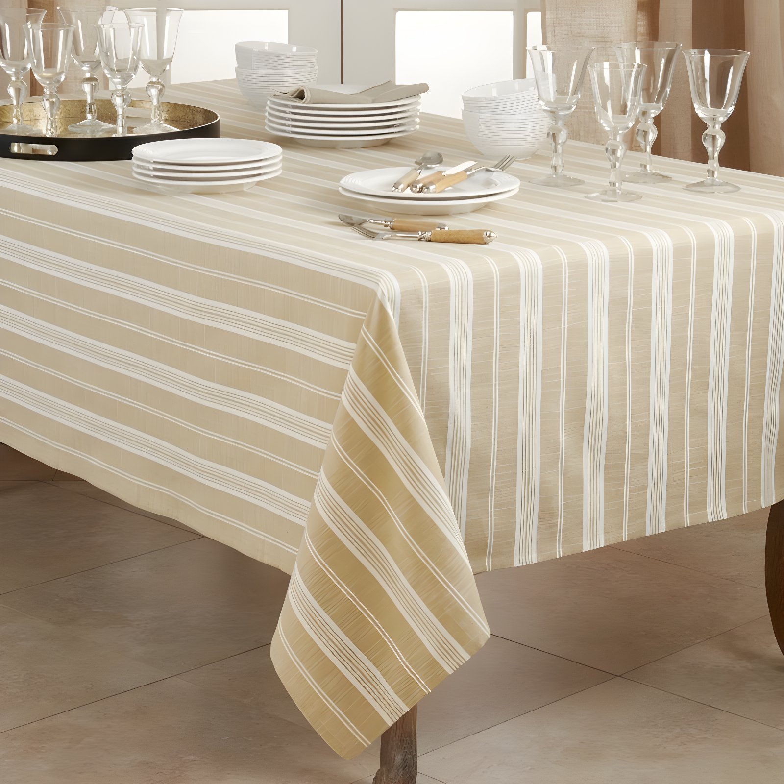 Saro Lifestyle Striped Design Tablecloth, 65"x140", Beige