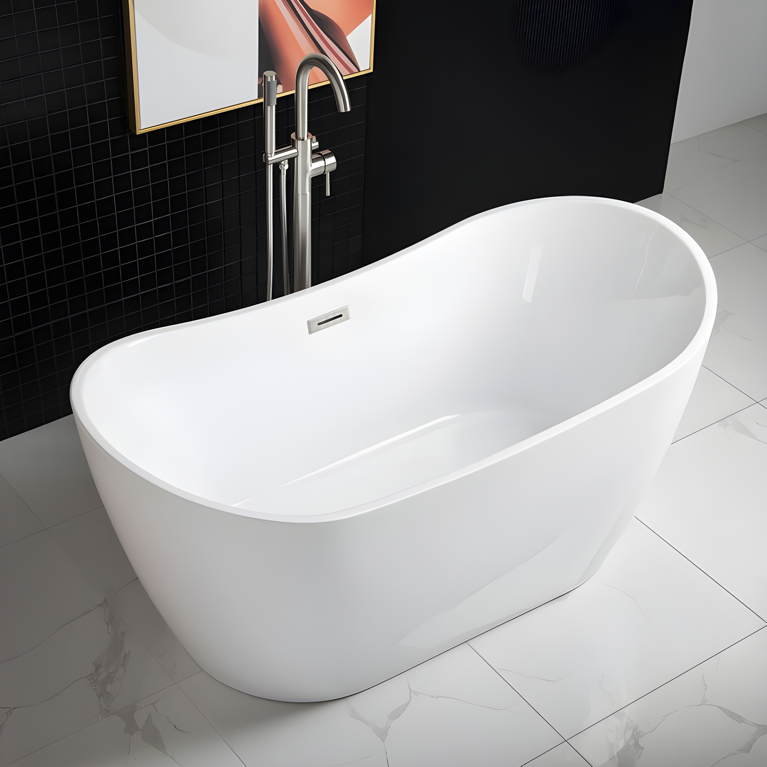 WoodBridge 59" x 28.75" Freestanding Soaking Acrylic Double Slipper Bathtub, Non-Slip Bottom Design BTA-1516
