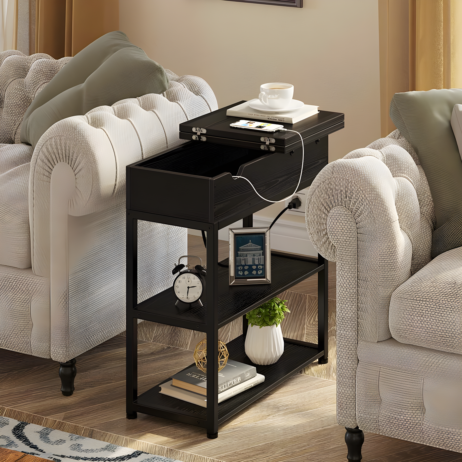 17 Stories End Table with Storage and Charging Station