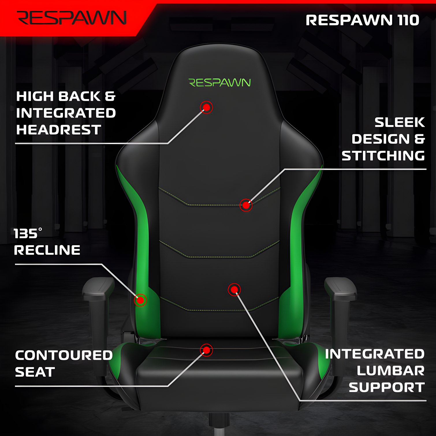 RESPAWN 110 Gaming Chair - Gamer Chair PC Computer Chair, Ergonomic Gaming Chairs, Office Chair with Integrated Headrest, Gaming Chair for Adults 135 Degree Recline with Angle Lock
