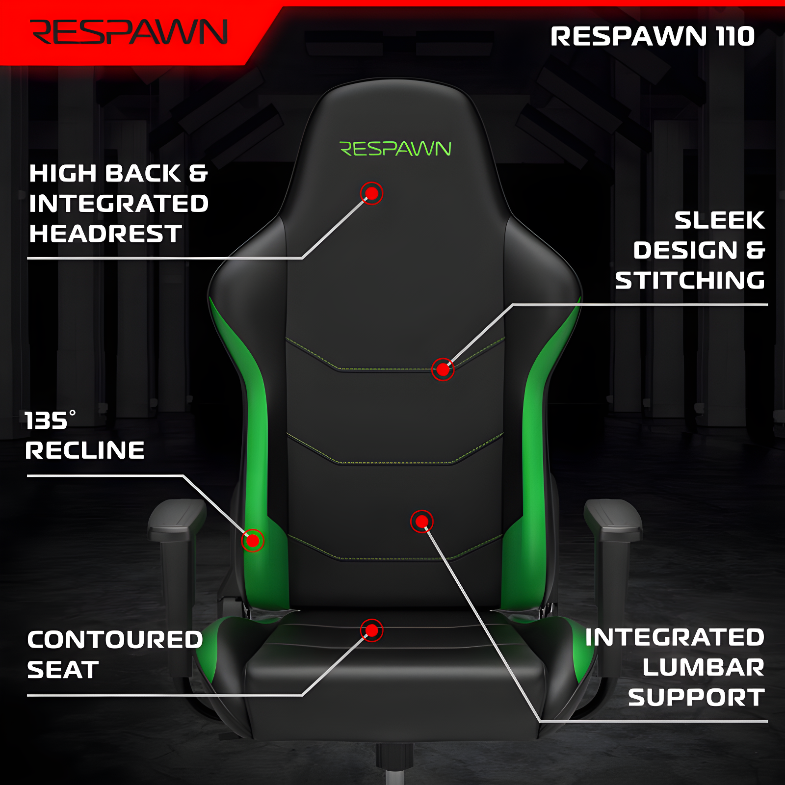 RESPAWN 110 Gaming Chair - Gamer Chair PC Computer Chair, Ergonomic Gaming Chairs, Office Chair with Integrated Headrest, Gaming Chair for Adults 135 Degree Recline with Angle Lock