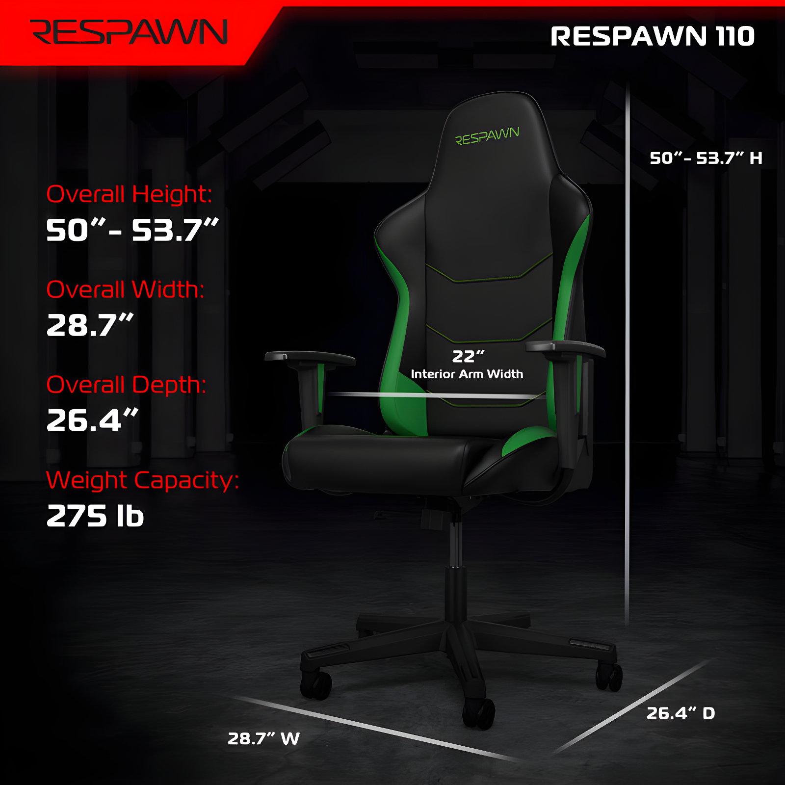 RESPAWN 110 Gaming Chair - Gamer Chair PC Computer Chair, Ergonomic Gaming Chairs, Office Chair with Integrated Headrest, Gaming Chair for Adults 135 Degree Recline with Angle Lock