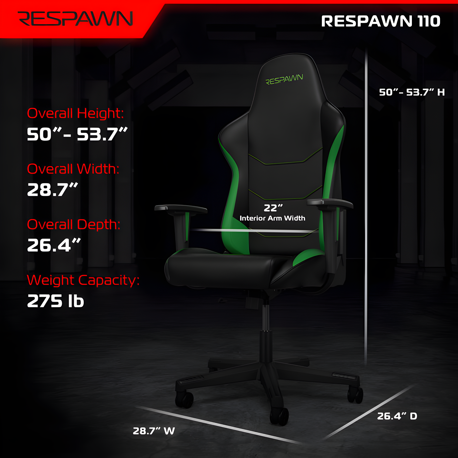 RESPAWN 110 Gaming Chair - Gamer Chair PC Computer Chair, Ergonomic Gaming Chairs, Office Chair with Integrated Headrest, Gaming Chair for Adults 135 Degree Recline with Angle Lock