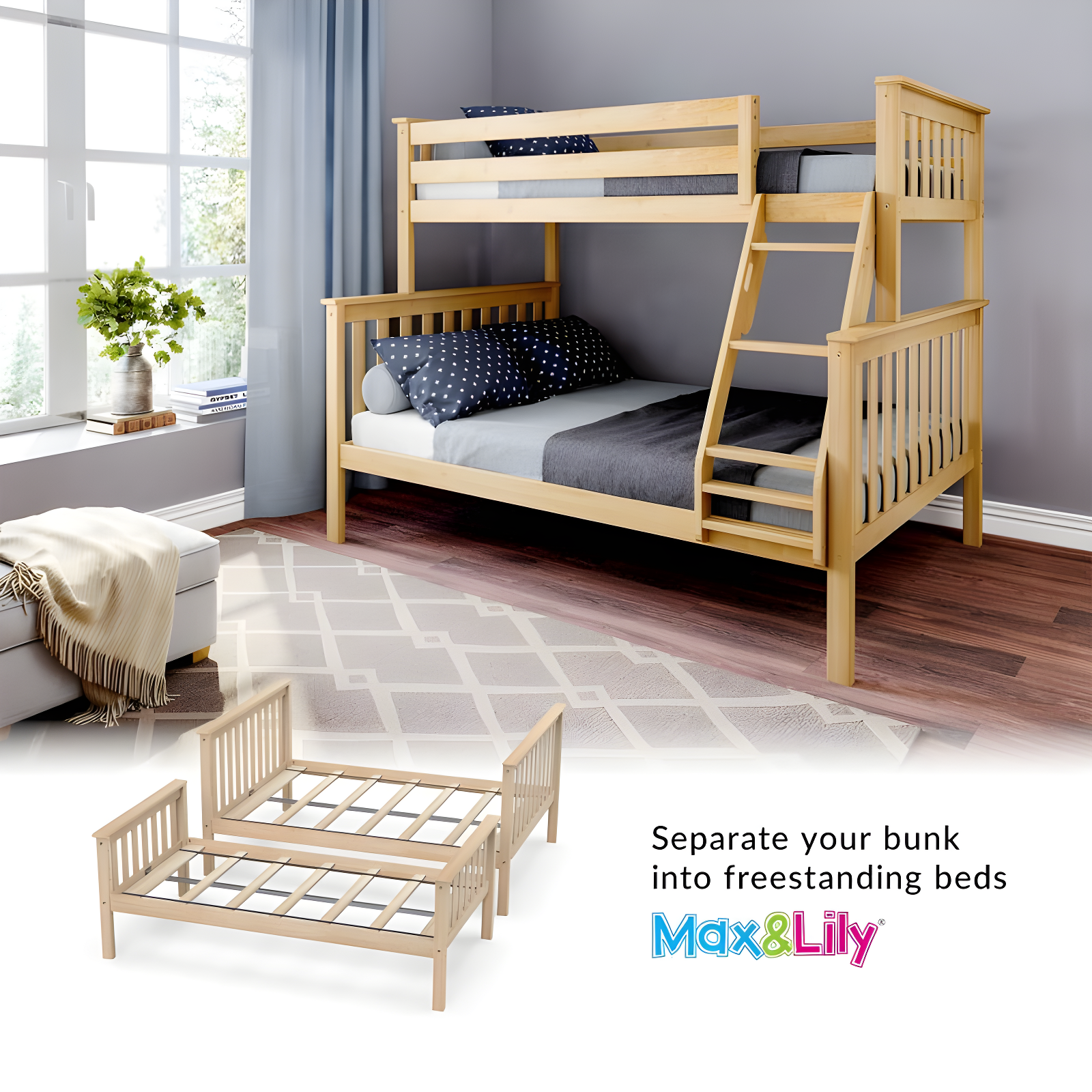 Max & Lily Bunk Bed Twin over Full Size, Solid Wood Bunk Beds with Ladder for Kids