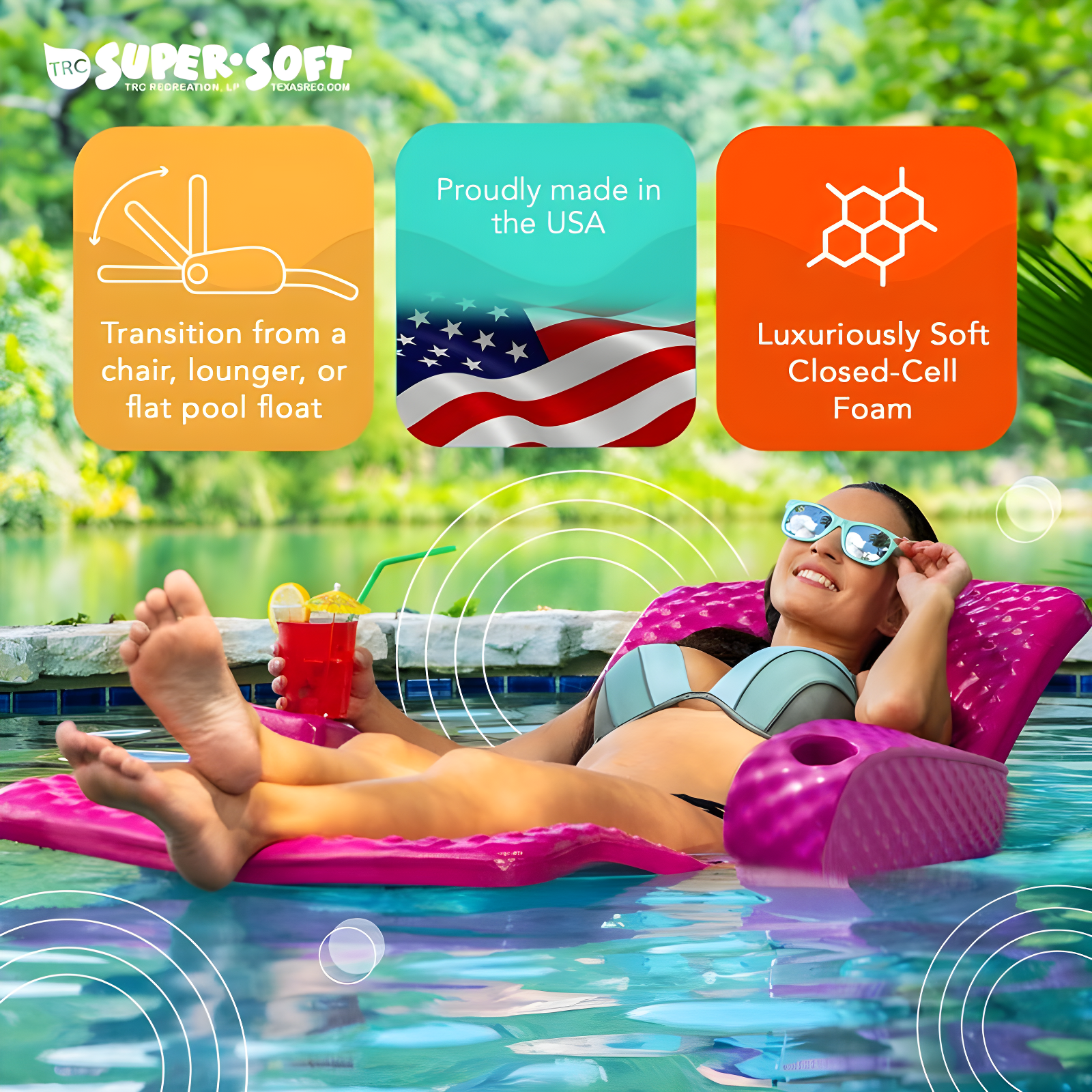 TRC Recreation Super Soft Adjustable Pool Recliner Float Portable Comfortable Chair Lounger with Cup Holders for Swimming Pool Essentials, Pink